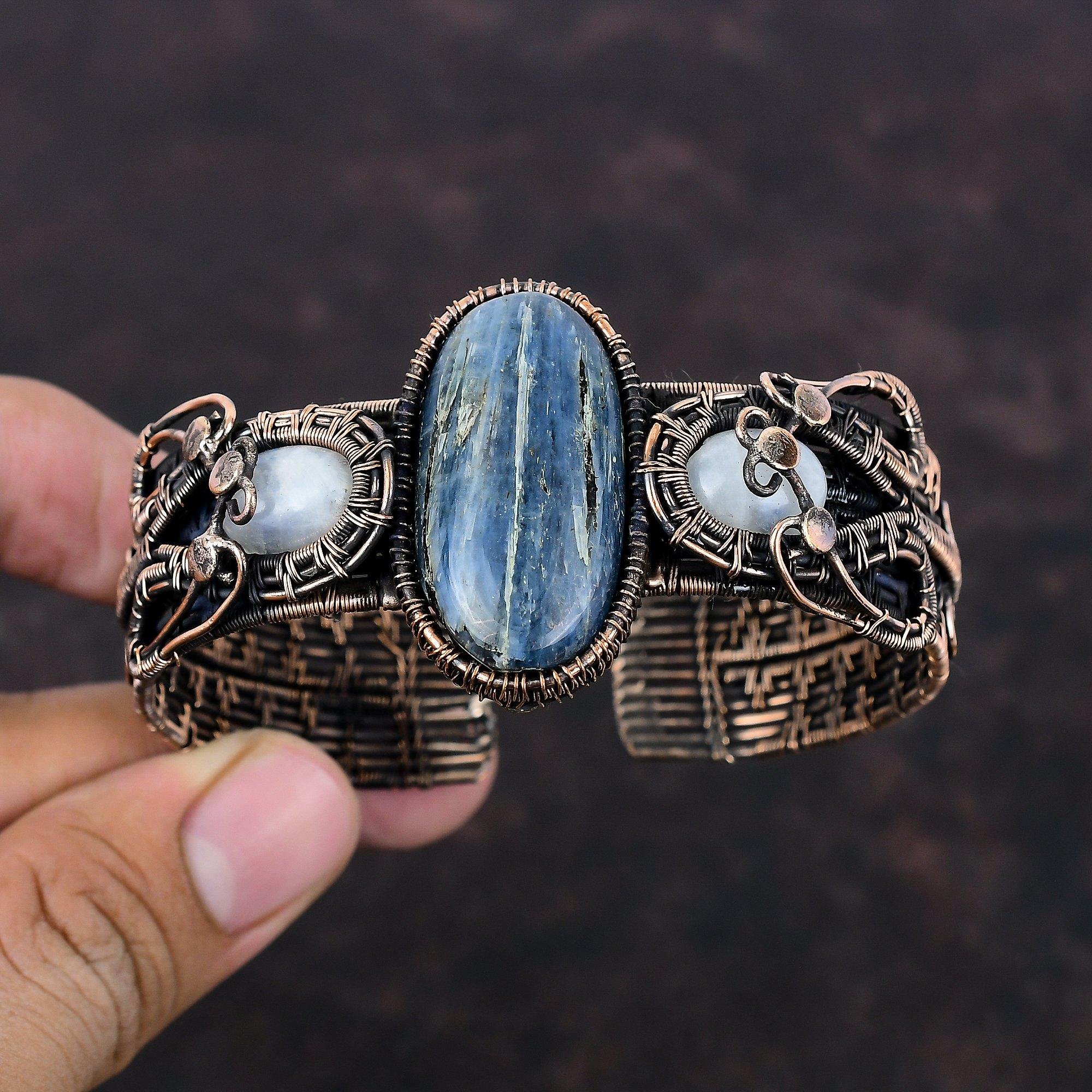Kyanite Gemstone Bangle Adjustable Cuff Bracelet Copper Wire Wrapped Bangle Rainbow Moonstone Bangle Handmade Copper Jewelry Gift For Women