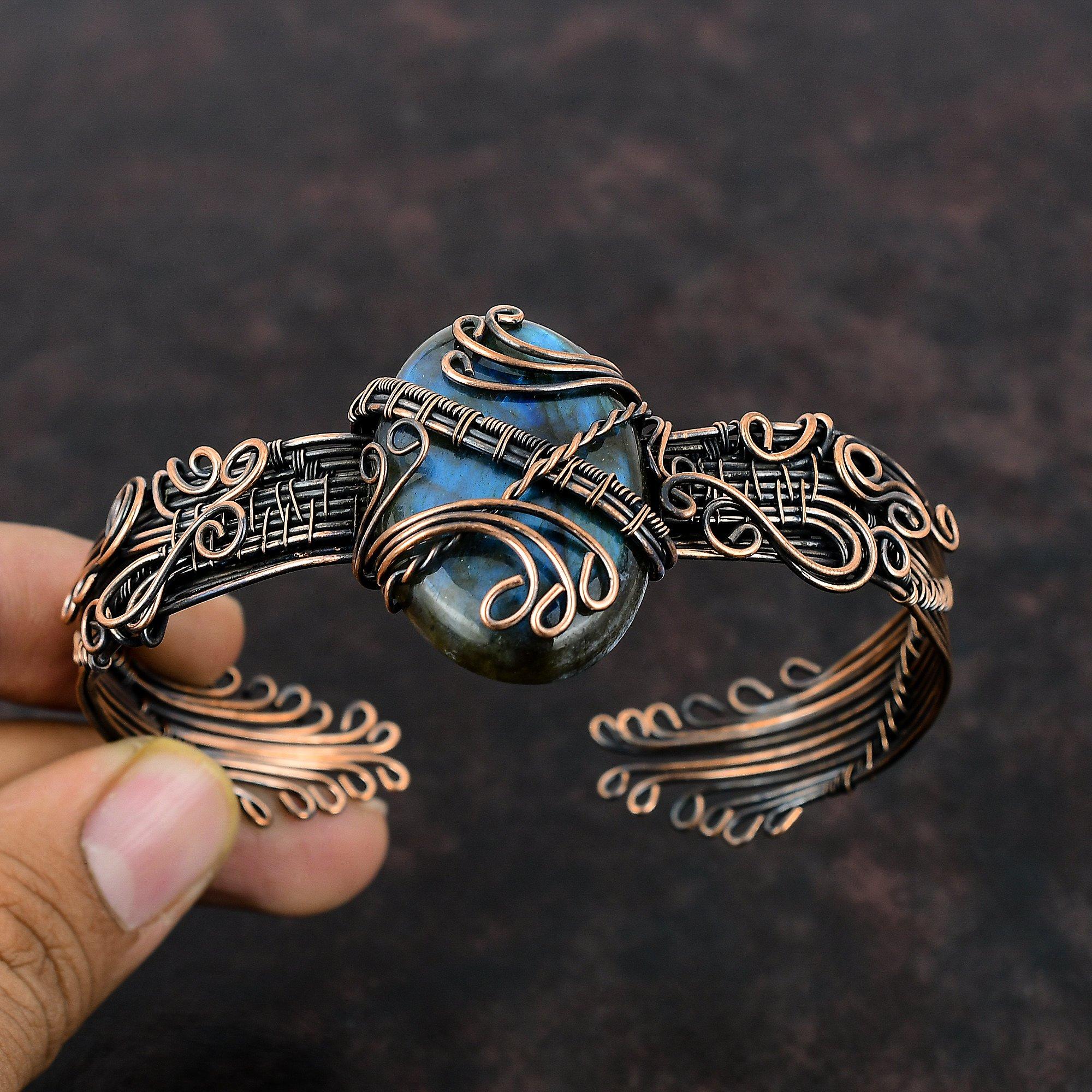 Браслет-манжета из лабрадорита, обмотанный медной проволокой, ювелирные изделия ручной работы из драгоценных камней, регулируемый браслет-манжета из лабрадорита, обмотанный медной проволокой, ювелирные изделия