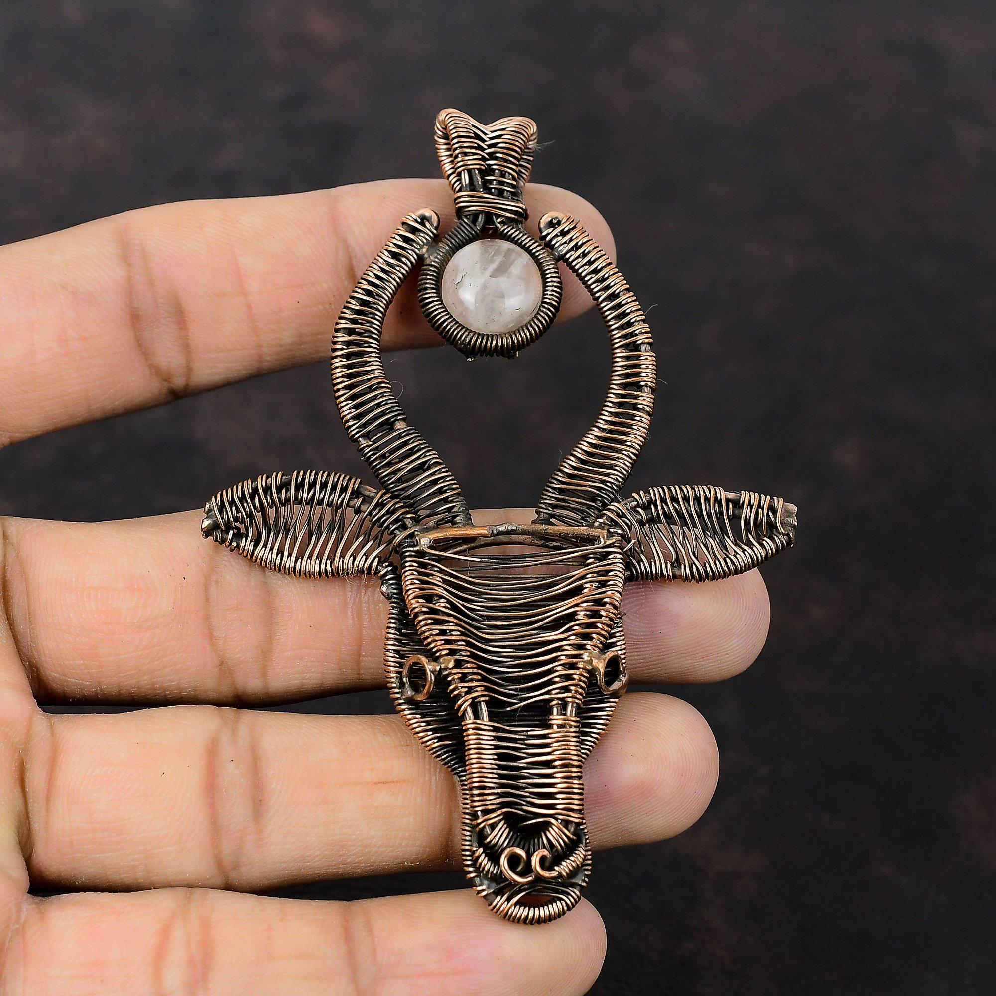 Подвеска из розового кварца, подвеска из медной проволоки, подвеска из настоящего драгоценного камня, ювелирное изделие в виде головы быка, кулон ручной работы, подарок для него, уникальное медное украшение