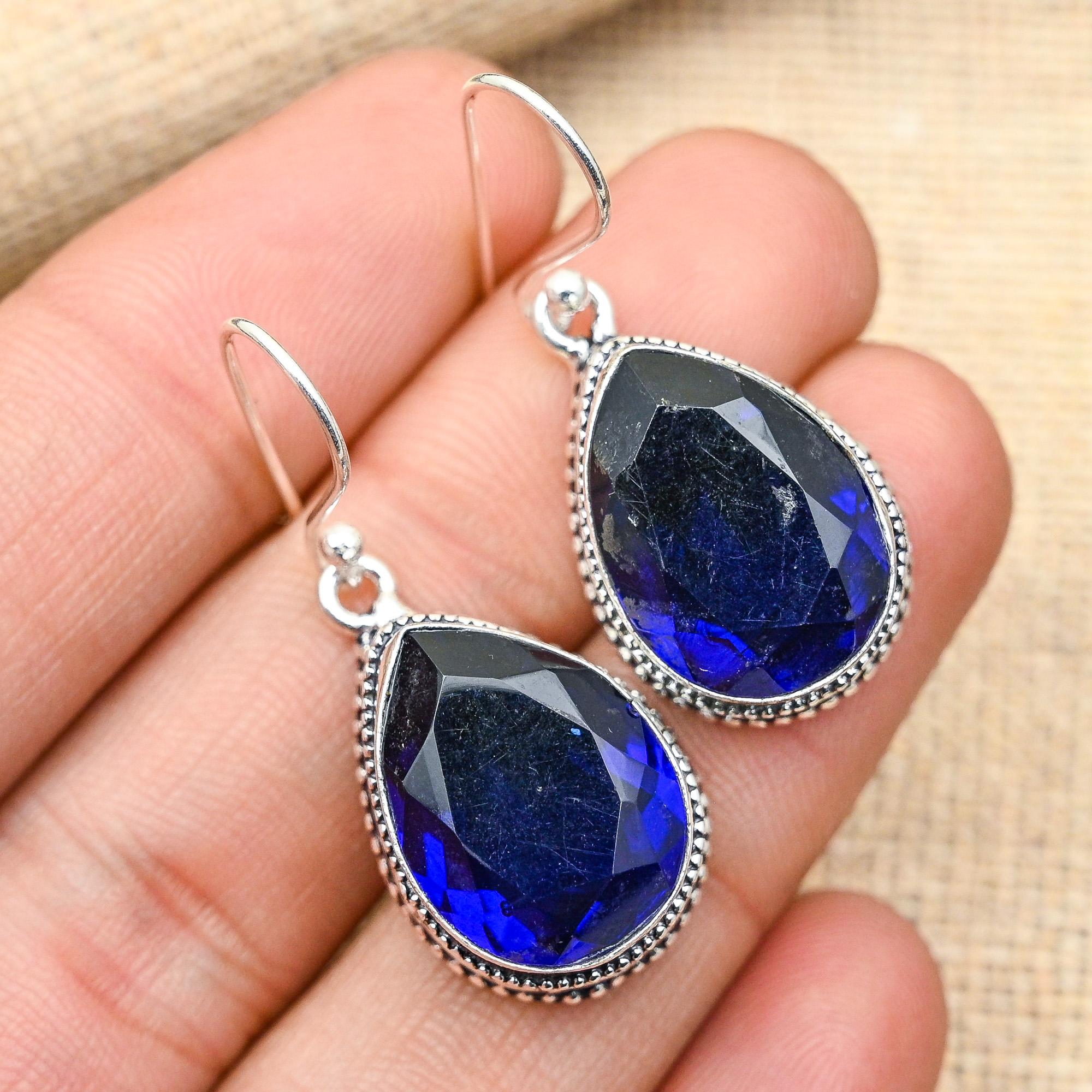 Ювелирные серьги ручной работы из чистого серебра 925 пробы с синим сапфиром, созданный в лаборатории драгоценный камень