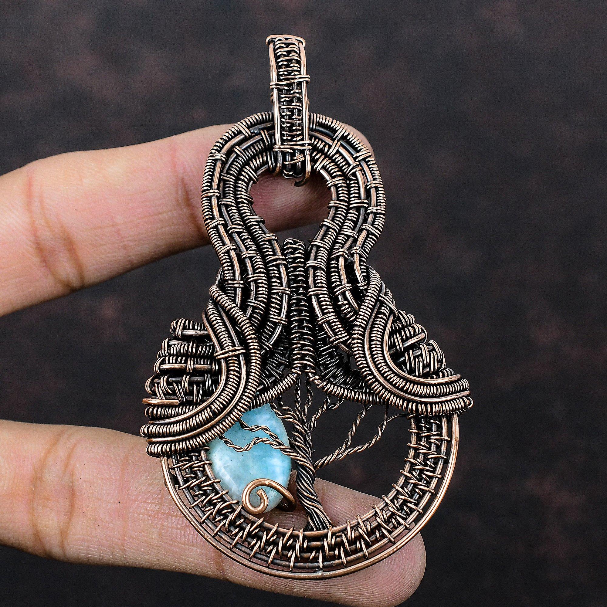 Подвеска «Дерево жизни» с ларимаром, медная проволока, подвеска с драгоценным камнем, медные украшения, подвеска ручной работы «Дерево жизни», ювелирные изделия в подарок маме