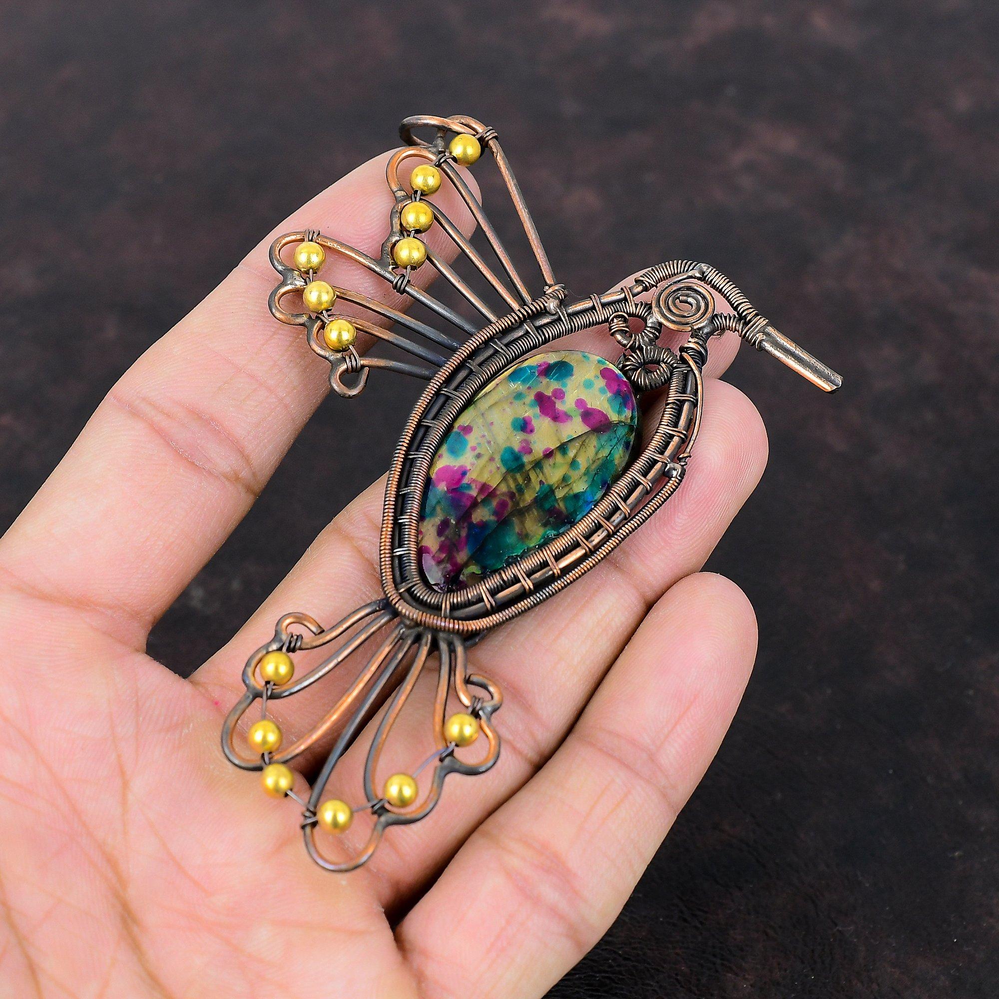 Кулон из нескольких огненных лабрадоритов, кулон из медной проволоки, кулон ручной работы с драгоценным камнем, уникальные медные украшения, кулон с птицей, подарок на юбилей