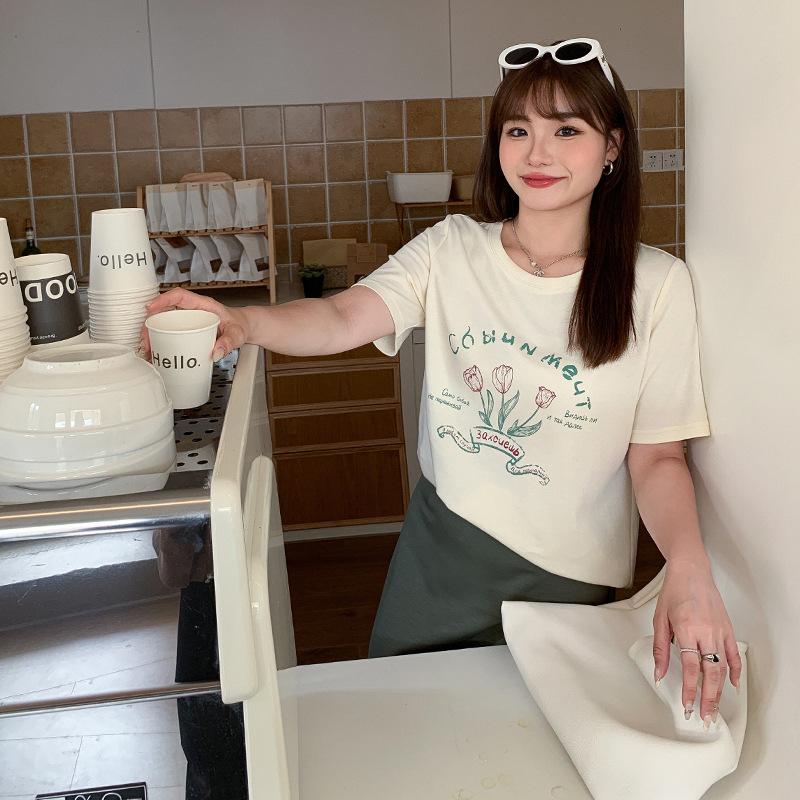 Summer Women's T-shirt Tulip Printed Plus Size Round Neck Positive Shoulder Short Sleeve Top