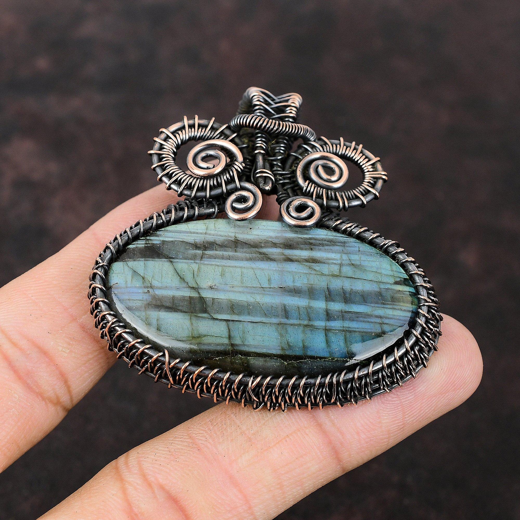 Кулон из натурального драгоценного камня лабрадорит, обернутый медной проволокой, ювелирное изделие ручной работы, медный кулон, лабрадорит, ювелирное изделие для подарка, лечебный камень