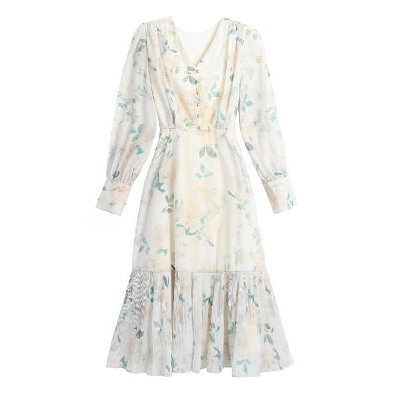 Весеннее элегантное шифоновое длинное платье с длинным рукавом Осеннее повседневное облегающее нежное платье с цветочным принтом