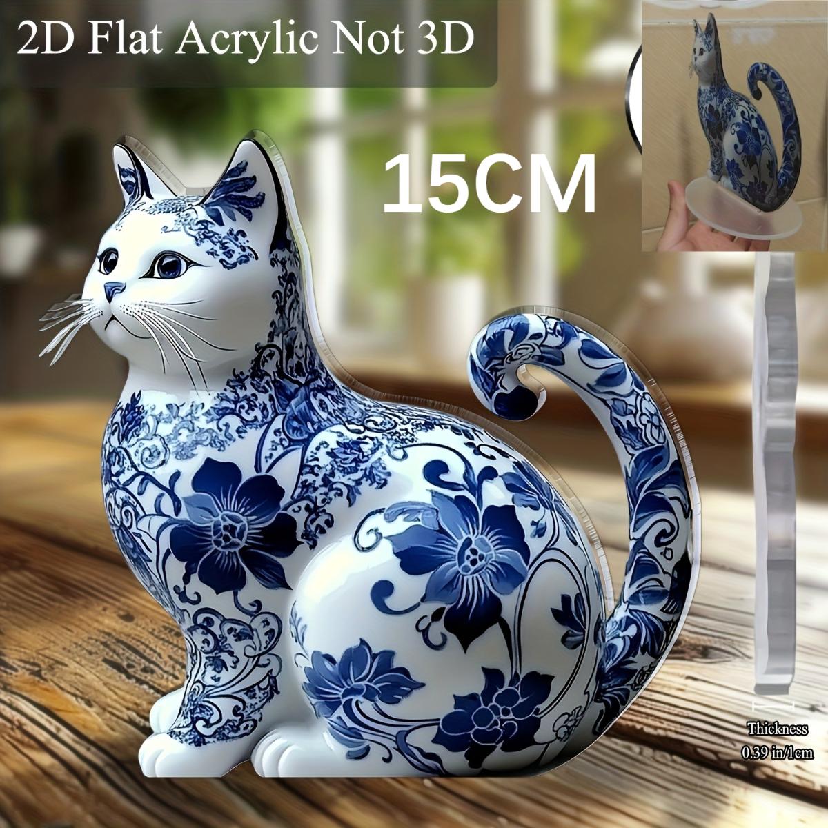 Элегантный Сине-Белый Фарфоровый Кот, Акриловый Декор для Стола, 2D Плоский Арт-Дизайн, Бохо Стиль для Домашнего Офиса, Бара, Кафе, Идеальный Подарок для Любителей Кошек, Ко Дню Святого Валентина