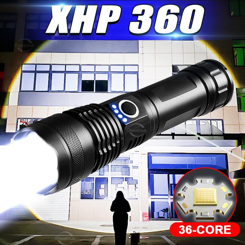 High Power XHP360 Flashlight Zoomable Torch 90000LM Lamp Self-protection Lantern Waterproof Flash Light Long Range Torch Light