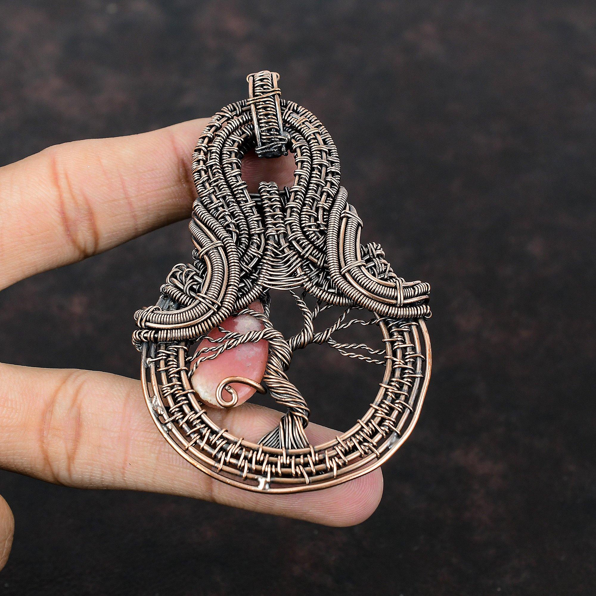 Подвеска из родохрозита «Дерево жизни», обернутая медной проволокой, подвеска из родохрозита, драгоценный камень, подвеска из меди ручной работы, подарок для него
