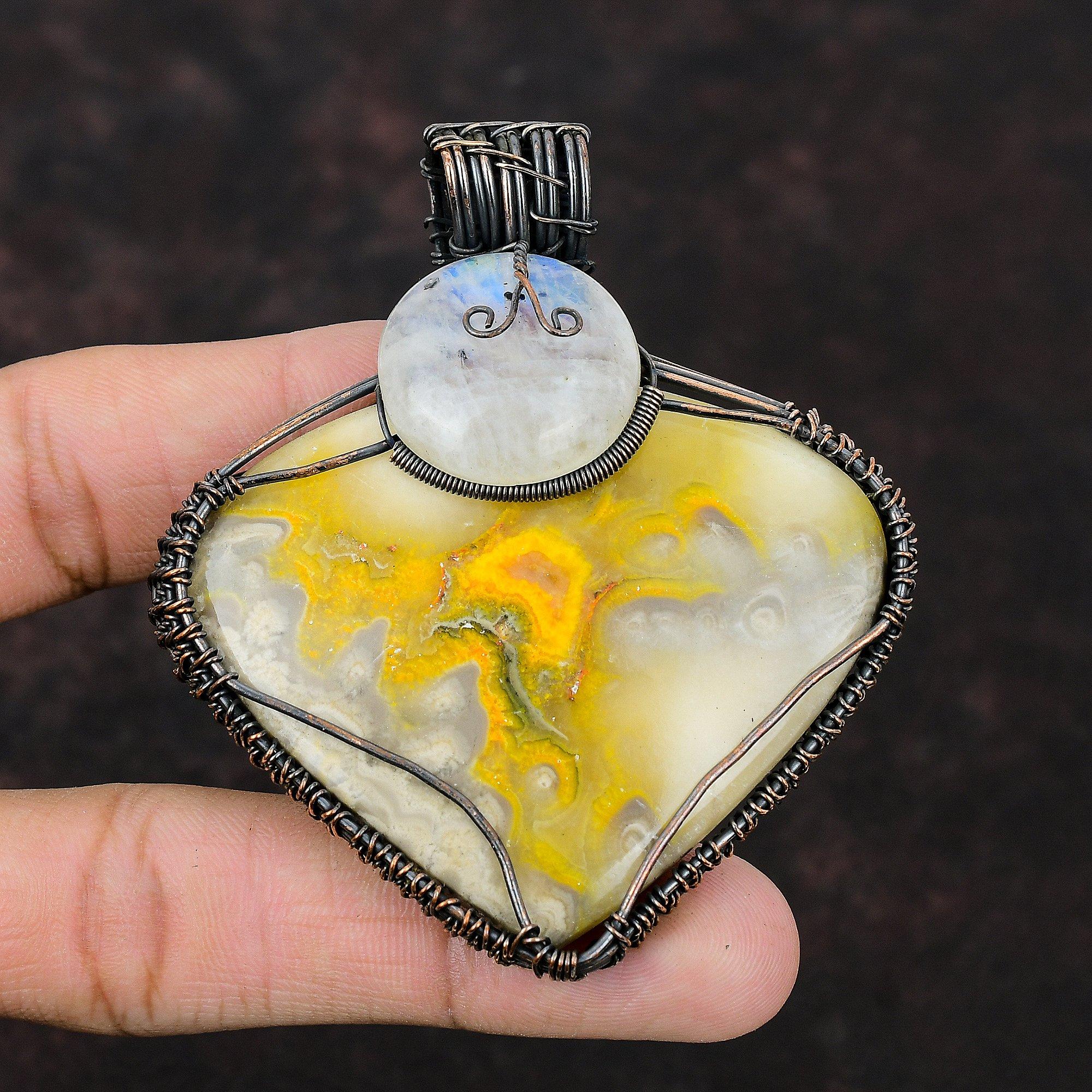 Bumble Bee Jasper Pendant Rainbow Moonstone Pendant Copper Wire Wrapped Pendant Bumble Bee Jasper Copper Jewelry Gemstone Handmade Pendant