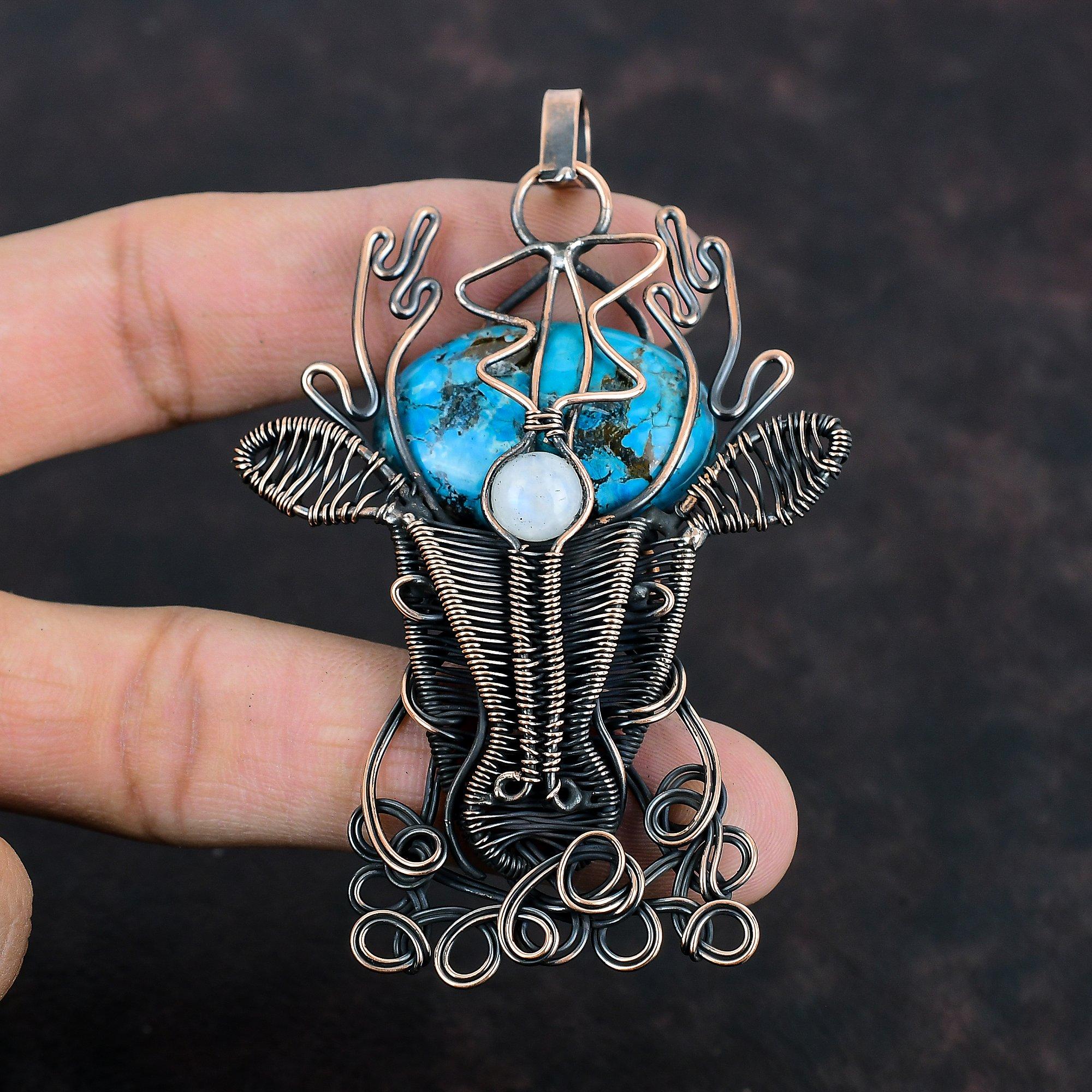 Тибетская бирюза, медный кулон, проволочная обертка, драгоценный камень, кулон ручной работы, кулон в виде оленьей морды, кулон из лунного камня, медные украшения для подарков