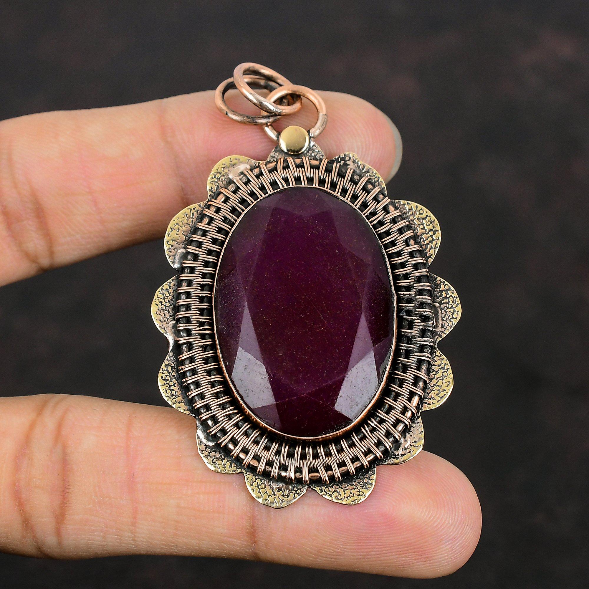 Кулон с ограненным кашмирским рубином, медный кулон, оригинальный кулон с драгоценным камнем, ювелирное изделие ручной работы, изящный кулон, красивые медные ювелирные изделия, подарки для него