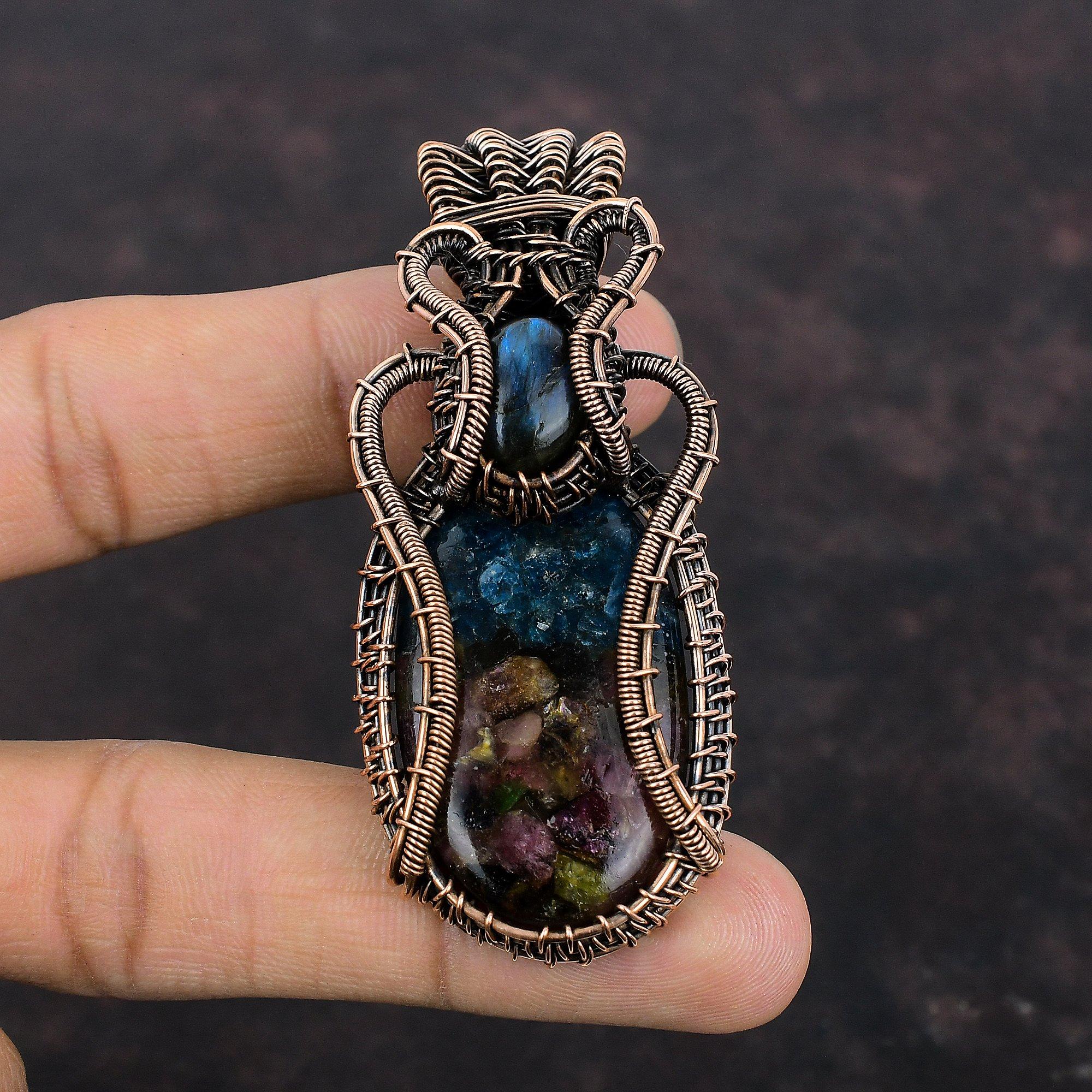 Медный кулон с драгоценным камнем Турмалин Арбузного цвета, обмотанный медной проволокой, кулон с Лабрадоритом, медные украшения, свадебный подарок, кулон ручной работы