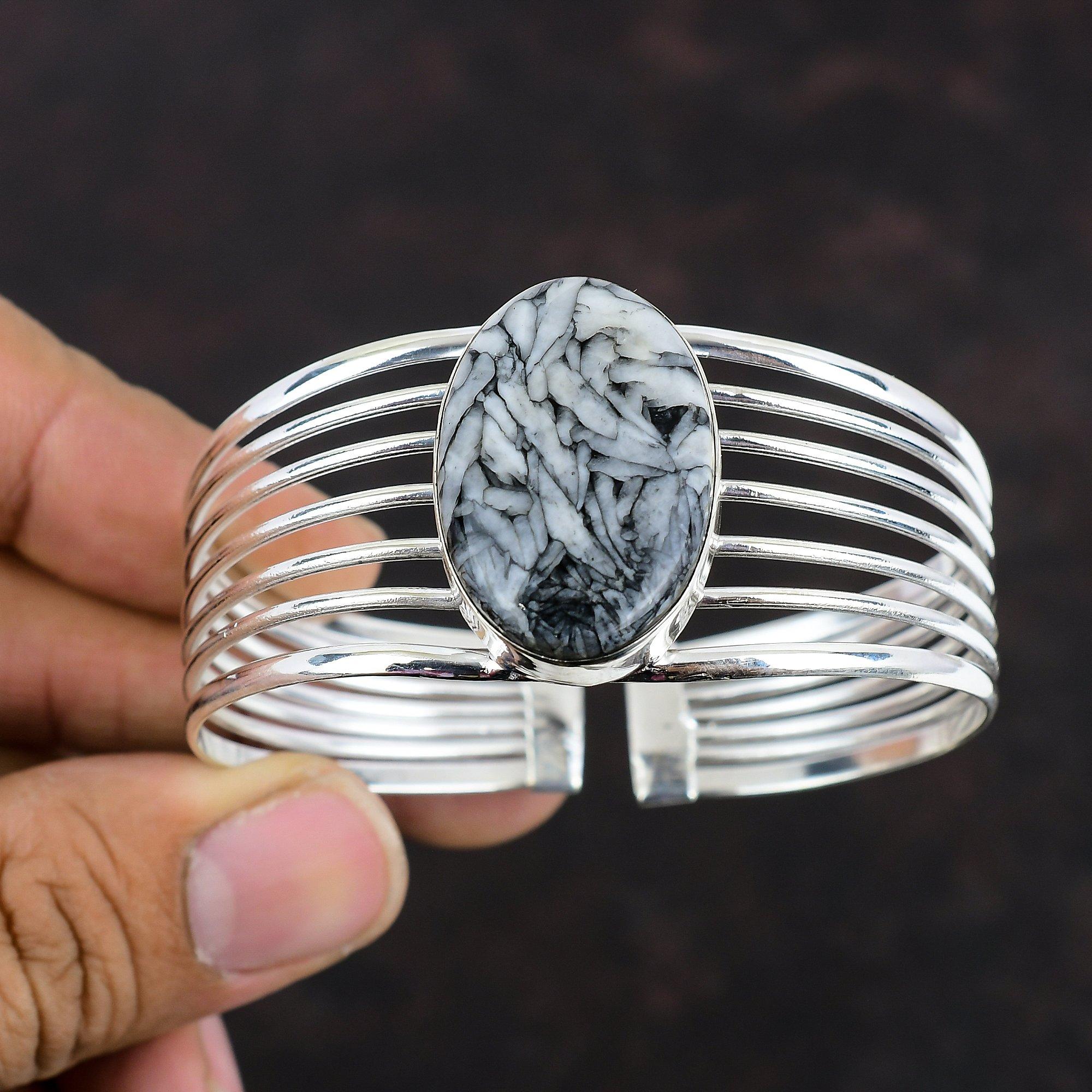 Браслет-манжета Pinolith Jasper из стерлингового серебра 925 пробы, регулируемый браслет-манжета ручной работы с настоящим драгоценным камнем, изящный браслет-манжета, подарок на годовщину