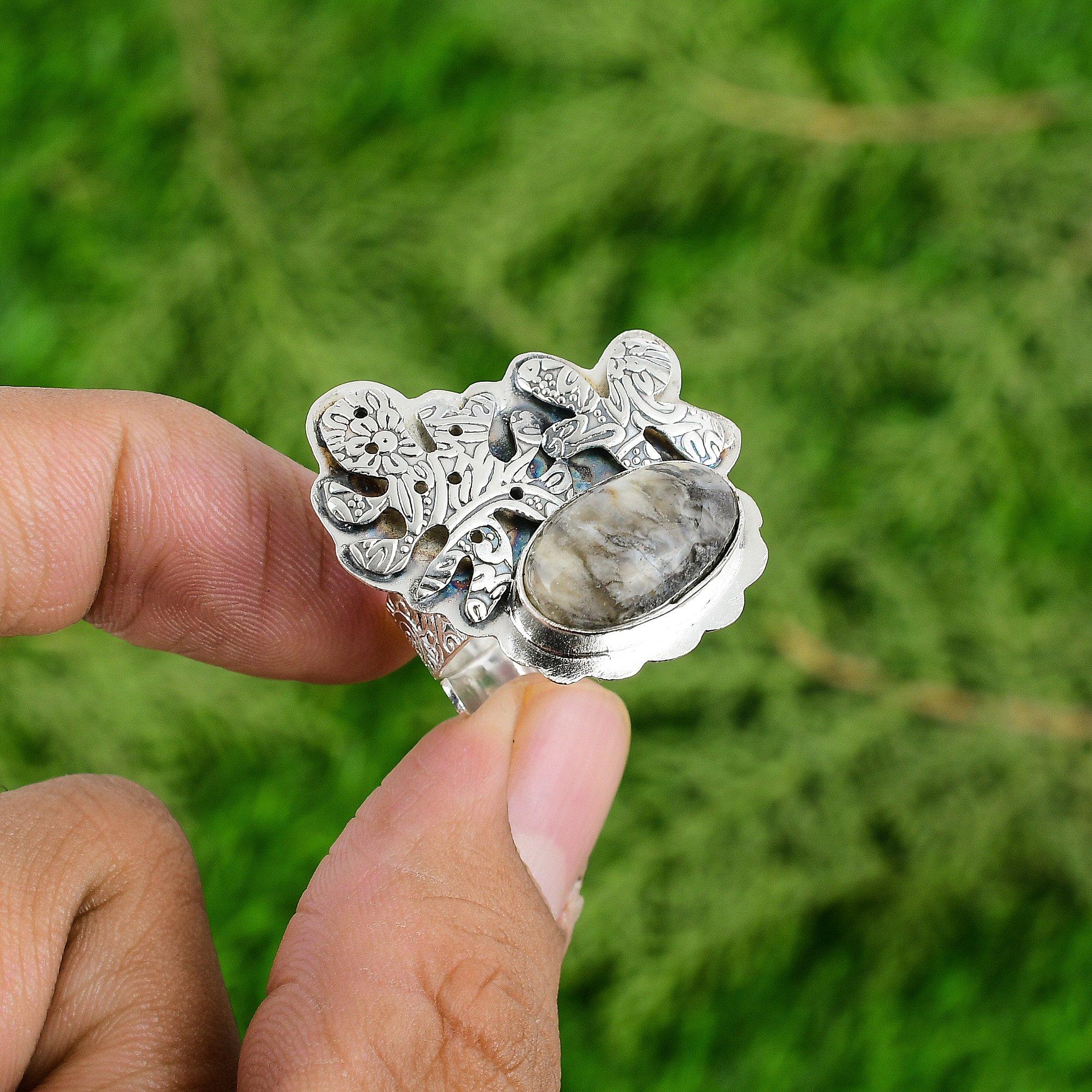 Natural Plume Agate Gemstone Multi Stone Adjustable Ring 925 Silver For Girls