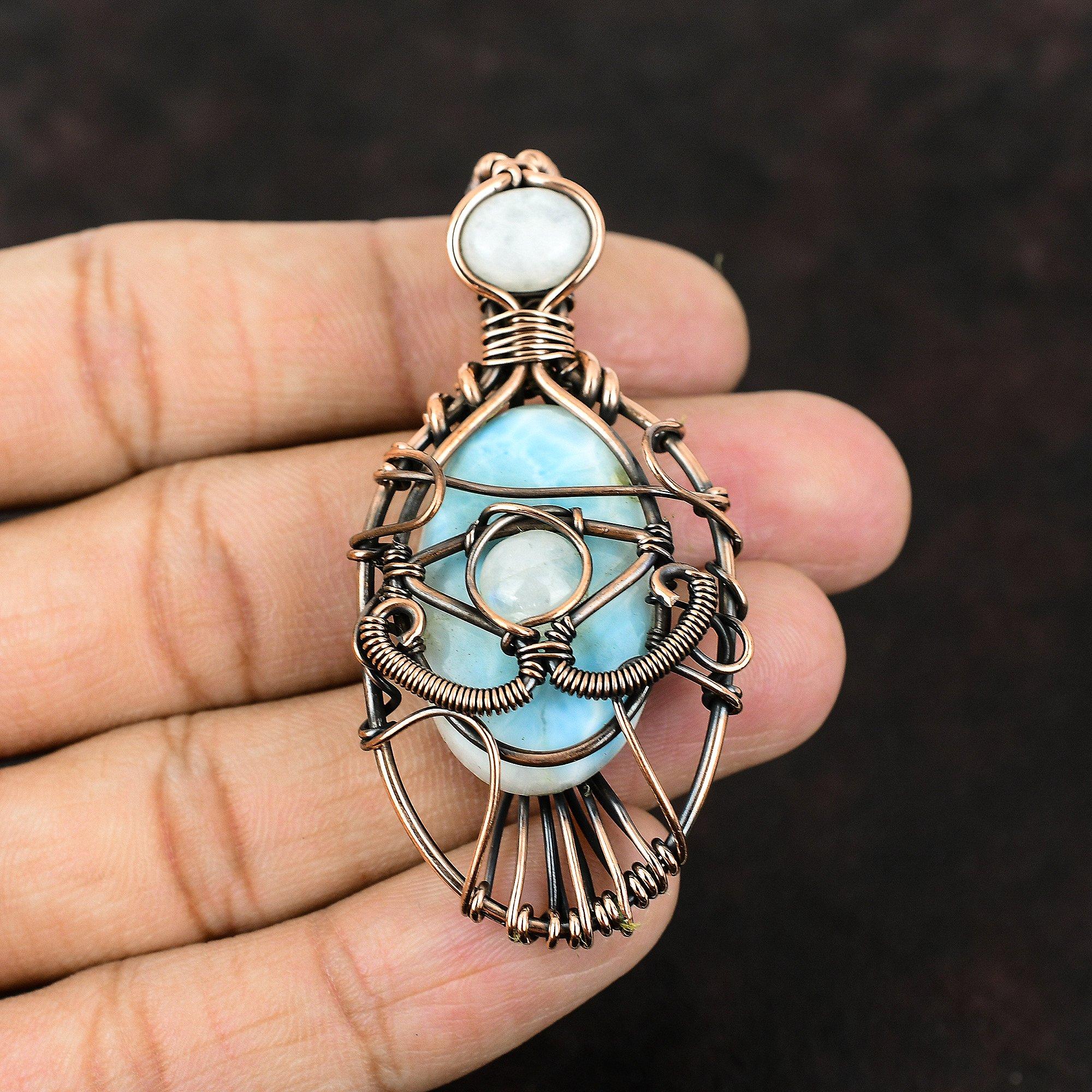 Сглаз Ларимар Медный кулон Драгоценный камень Медь Обернутые украшения Лунный камень Медные украшения Ручная работа Ювелирные изделия сглаза Подарок для нее Подарок для мамы