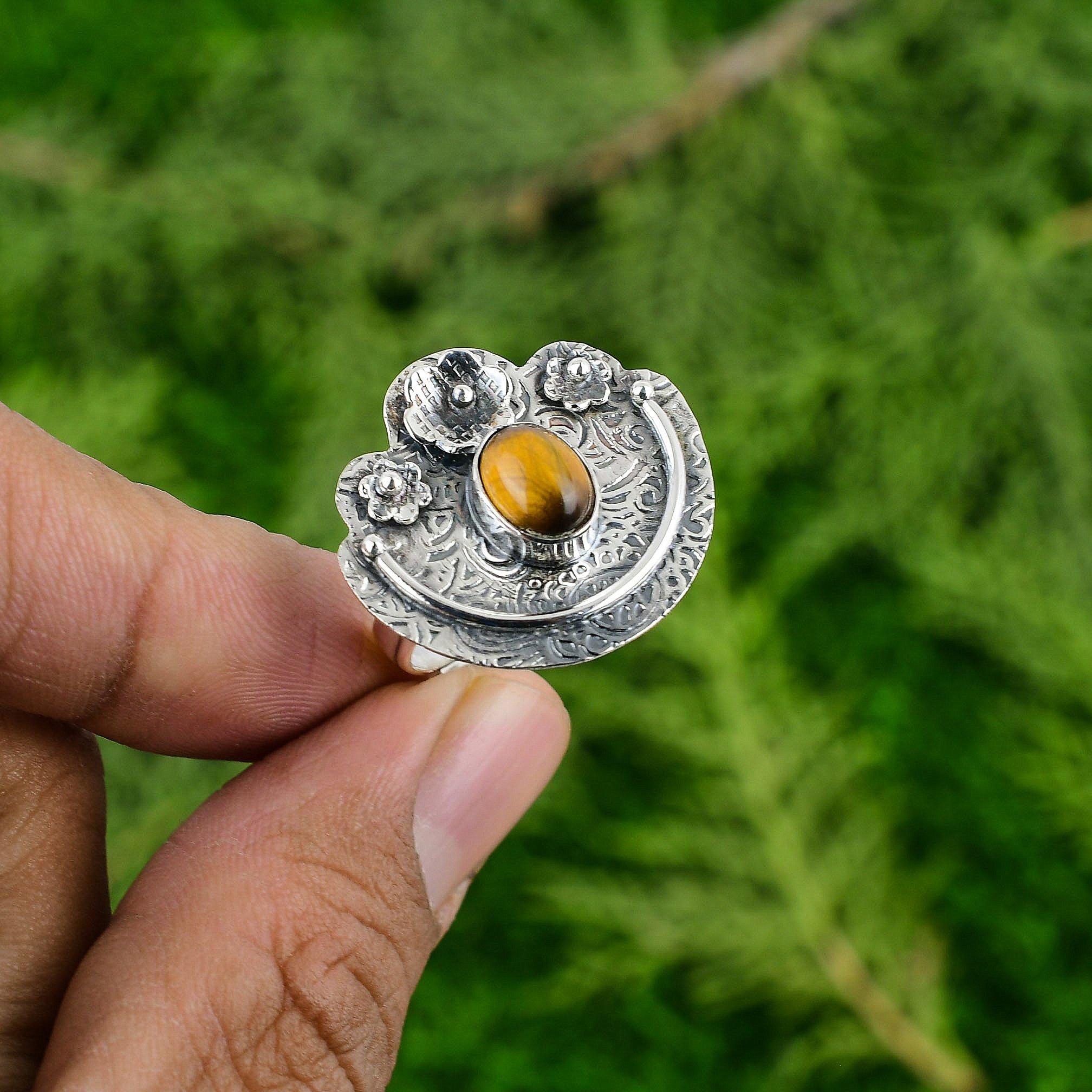 Mothers Day Deal Tigers Eye Stone Sterling Silver Flower Solitaire Ring Jewelry