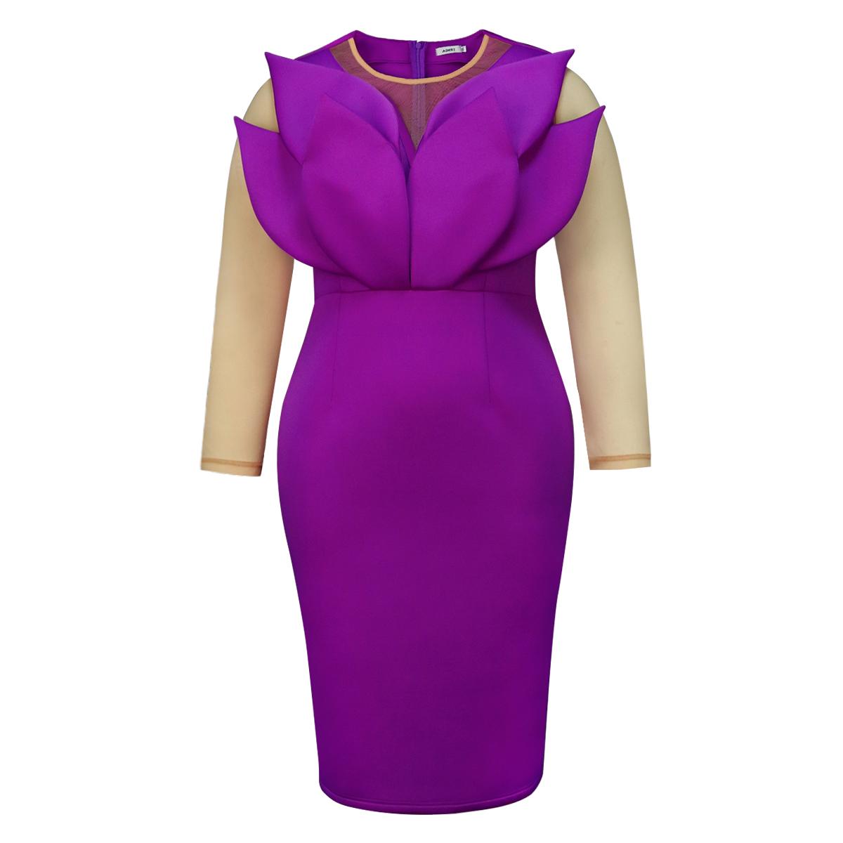 AOMEI Purple Midi Dresses Women O Neck Long See Through Sleeve Empire Evening Cocktail Party Dress