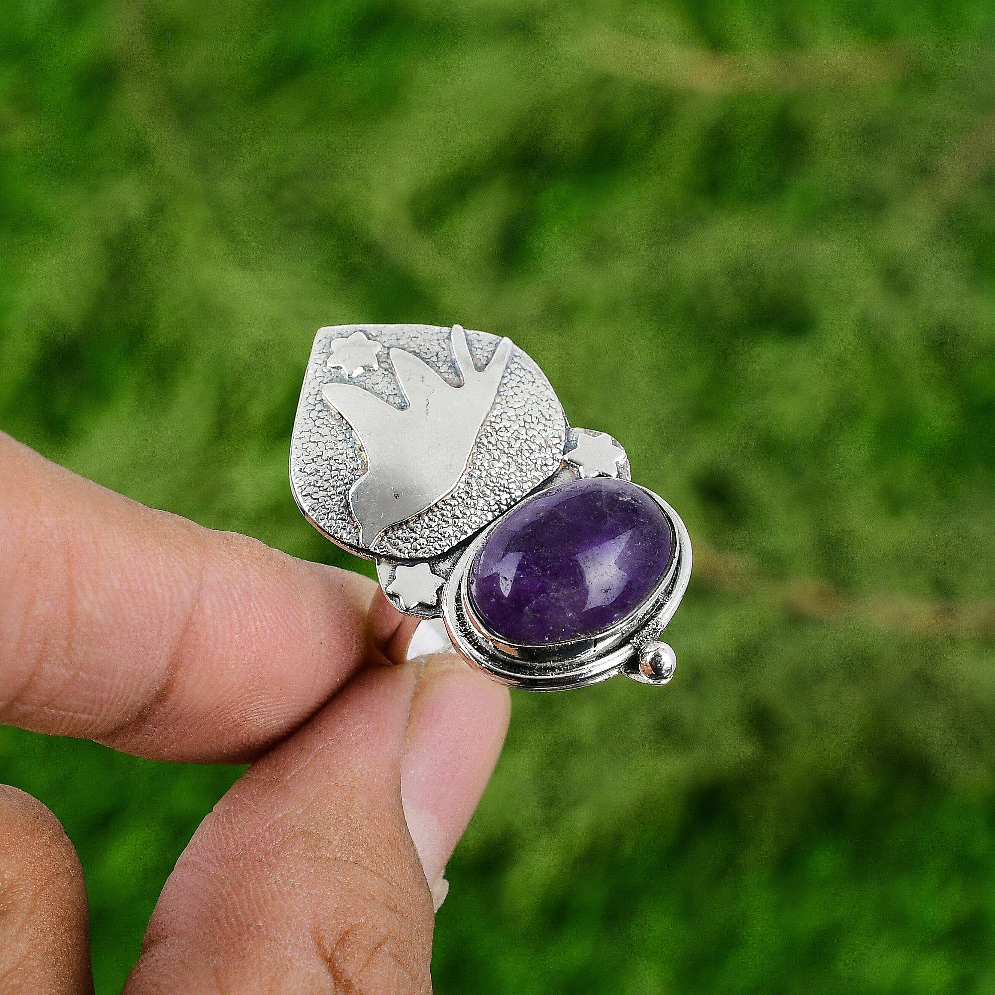 Womens day Deal 925 Silver Oval Natural African Amethyst Bird Solitaire New Ring