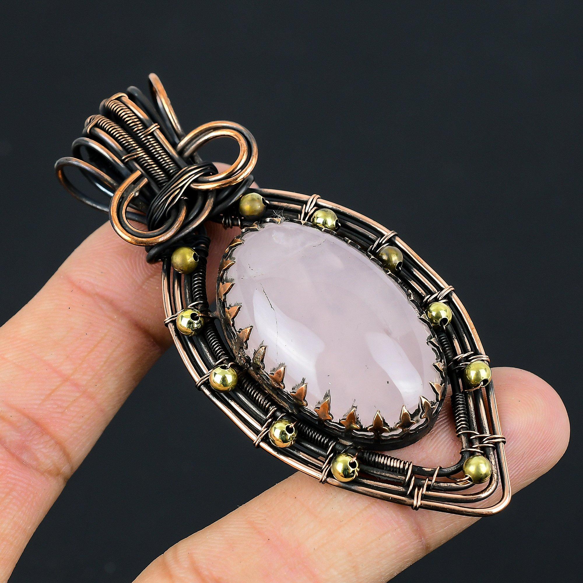 Fancy Rose Quartz Gemstone Pure Copper Wire Wrapped Handmade Jewelry Pendant