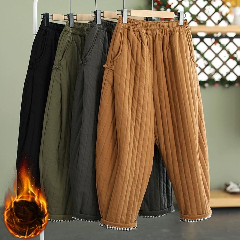 Autumn Winter Warm Clip Cotton Thickened Retro Down Cotton Pants for Women's Outwear Elastic Waist Loose Relaxed Pants