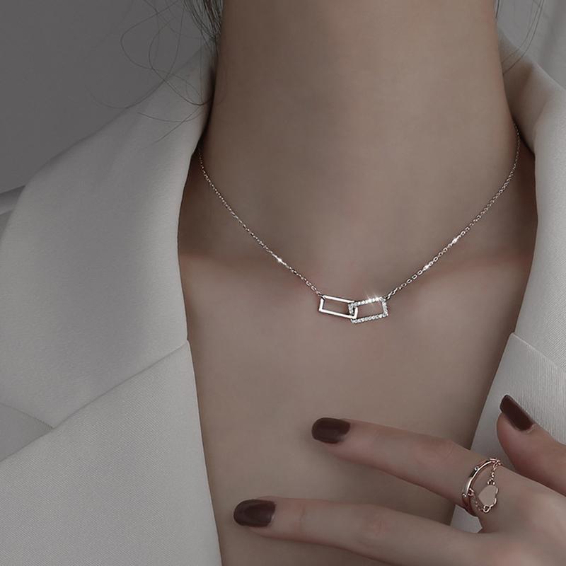 ANENJERY Interlocking Double Ring Paper Clip Charm Necklace for Women Clavicle Necklace Wedding Jewelry S-N698