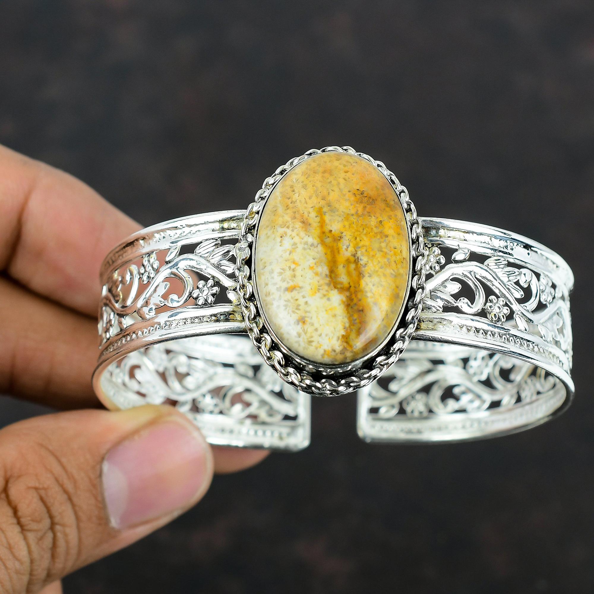 Браслет-манжета из ископаемого коралла, серебряный браслет ручной работы, приличное ювелирное изделие, регулируемый браслет-манжета, браслет из натурального драгоценного камня, подарки для мамы