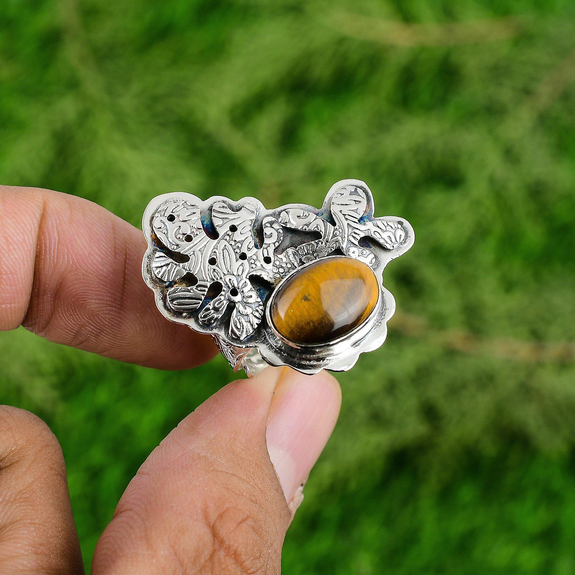 Natural TigerS Eye Gemstone Promise Adjustable Ring 925 Sterling Silver Jewelry