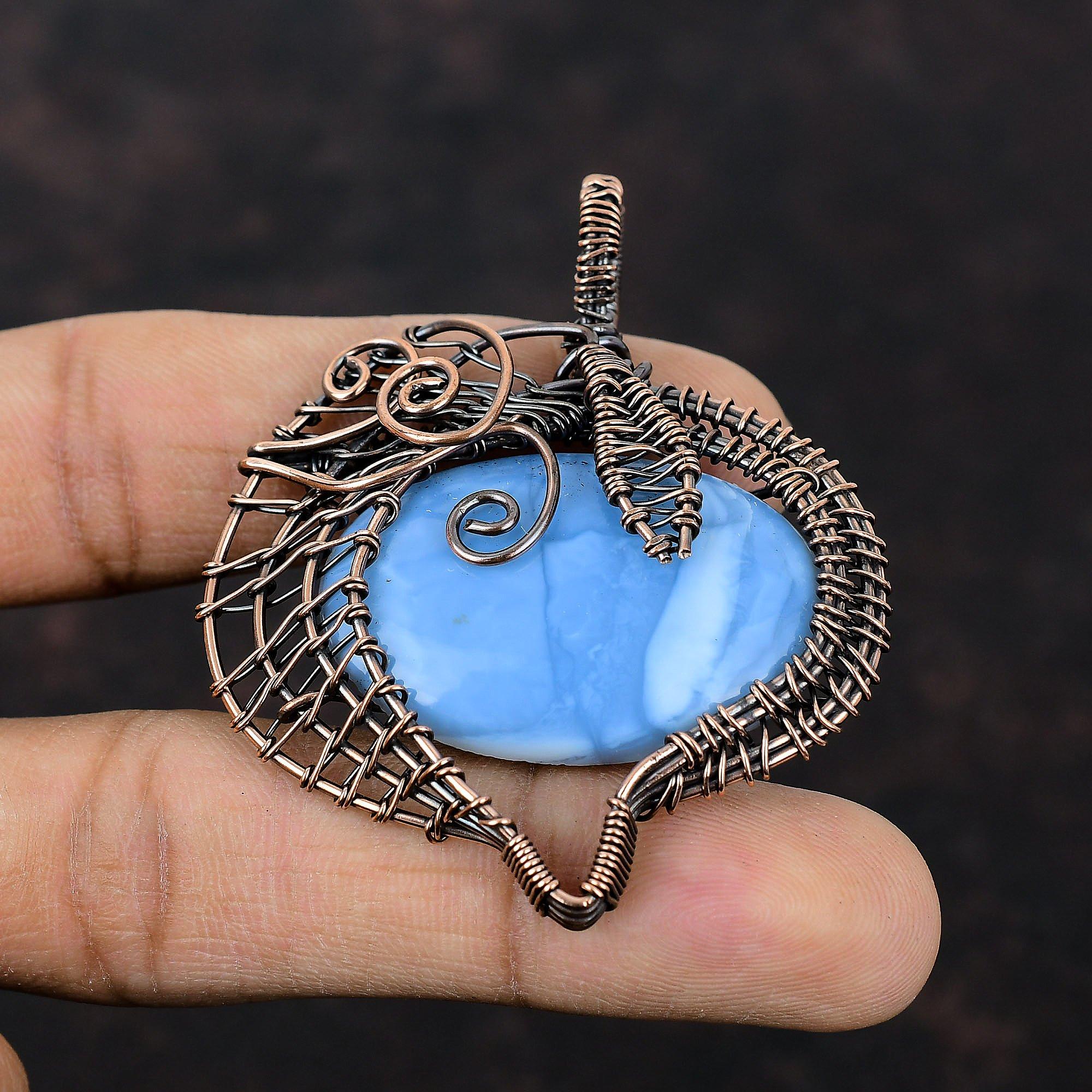Подвеска Owyhee Blue Opal, подвеска из медной проволоки с драгоценным камнем, стильная подвеска, медная бижутерия, подвеска для подарка, ювелирные изделия ручной работы с проволокой