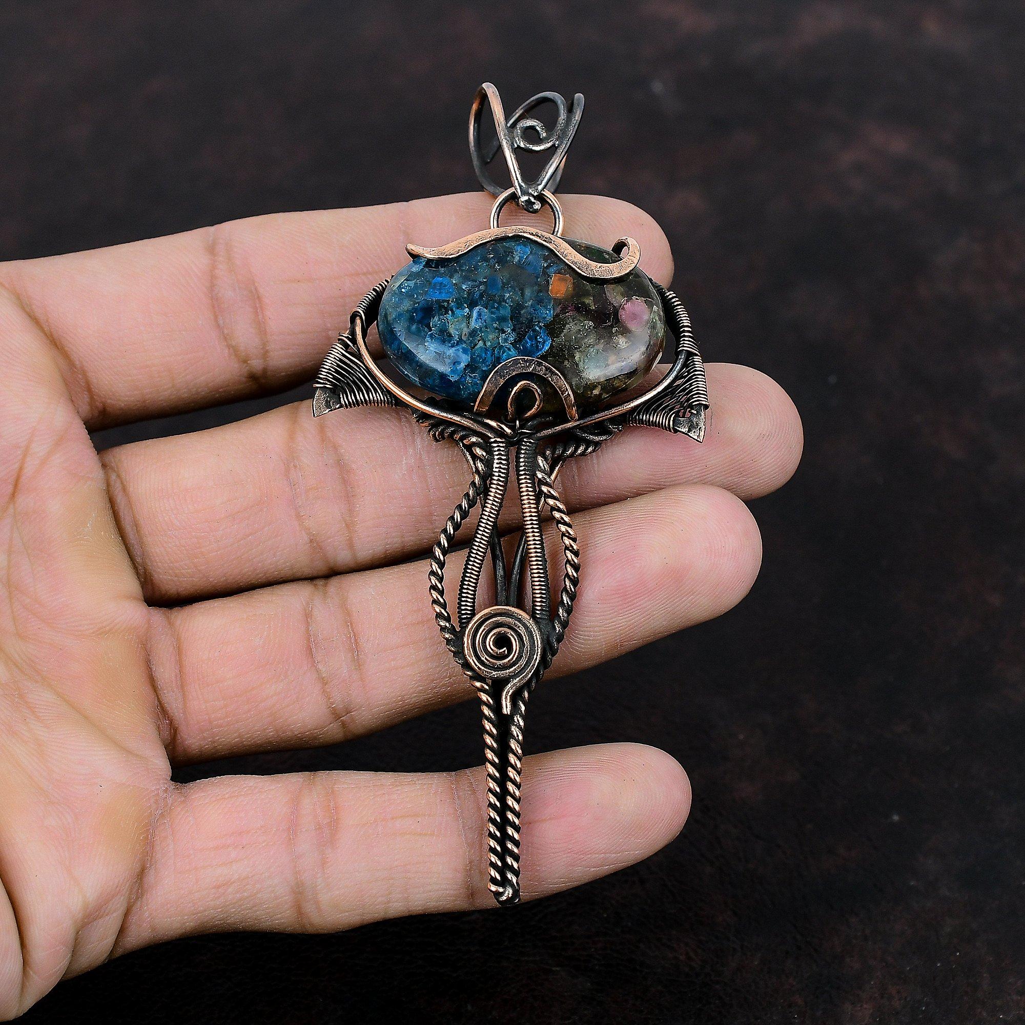 Подвеска с арбузным турмалином, подвеска из медной проволоки с драгоценным камнем, антикварная подвеска, медные украшения, подарок для него, ювелирные изделия ручной работы с проволочной оберткой