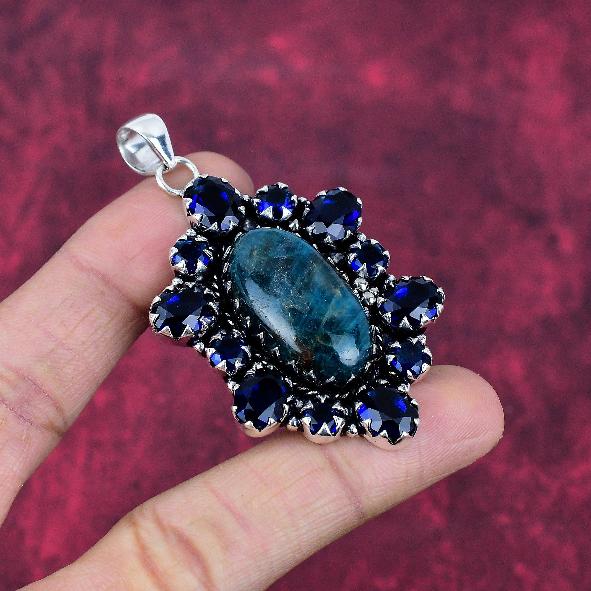 Неоновый апатит, сапфировый кулон, 925 пробы сплошной серебряный кулон, ювелирные изделия ручной работы с драгоценными камнями, подарки для жены, абсолютно новый кулон