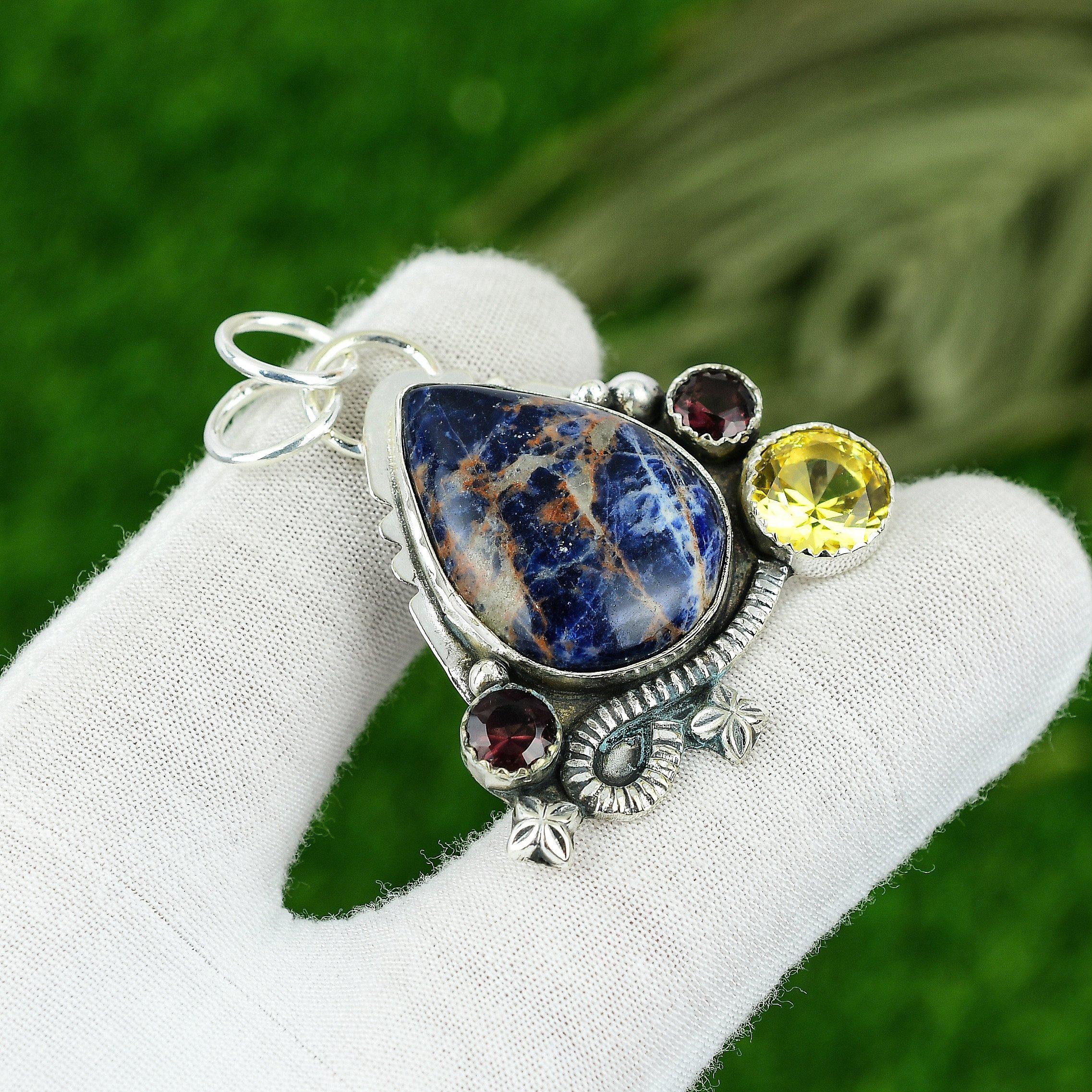 Womens day Sale Natural Sodalite Citrine 925 Sterling Silver New Pendant Jewelry