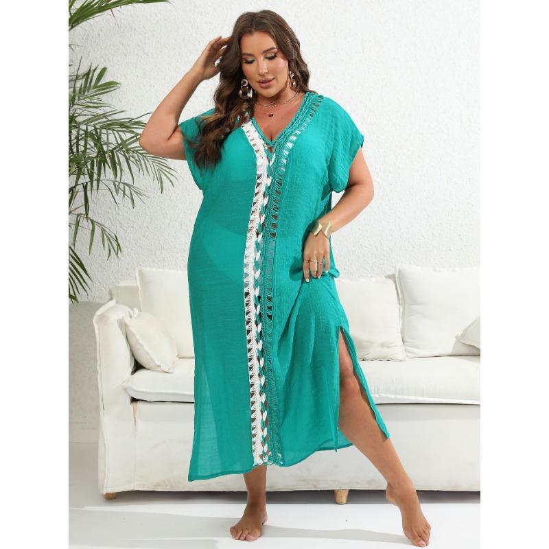 Holiday Beach Cover-Ups Plus Size Women's Cover Up Hand Hooked Clashing Colour Splicing Deep V Split Dress