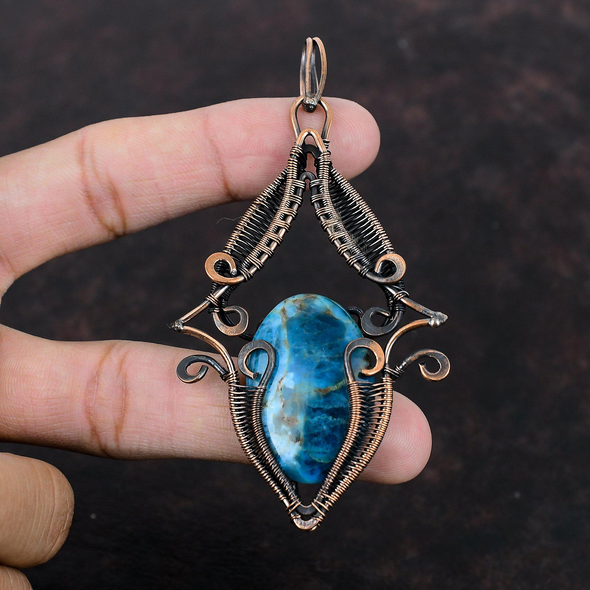 Кулон из неонового апатита, кулон, обмотанный медной проволокой, медные украшения ручной работы, кулон с драгоценным камнем для подарка, украшения из неонового апатита, кулоны с камнем рождения