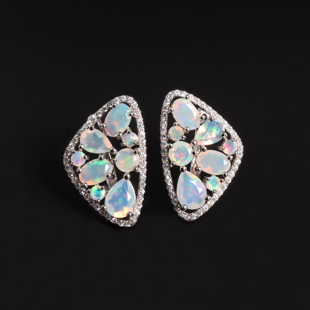 Красочные редкие серьги с натуральным опалом из камня в октябре. Таинственный элегантный женский подарок на юбилей и банкет, серебро S925