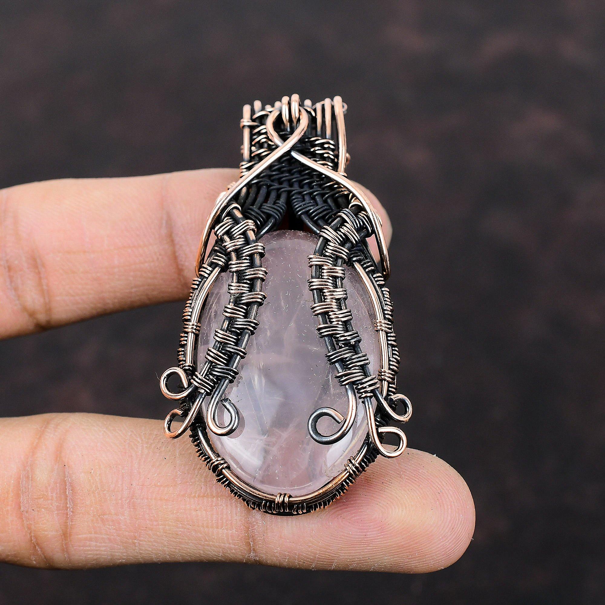 Кулон из розового кварца, обмотанный медной проволокой, Медный кулон, Украшения ручной работы, Кулон из обмотанного проволокой драгоценного камня, Кулон для женщин, Подарок для мамы