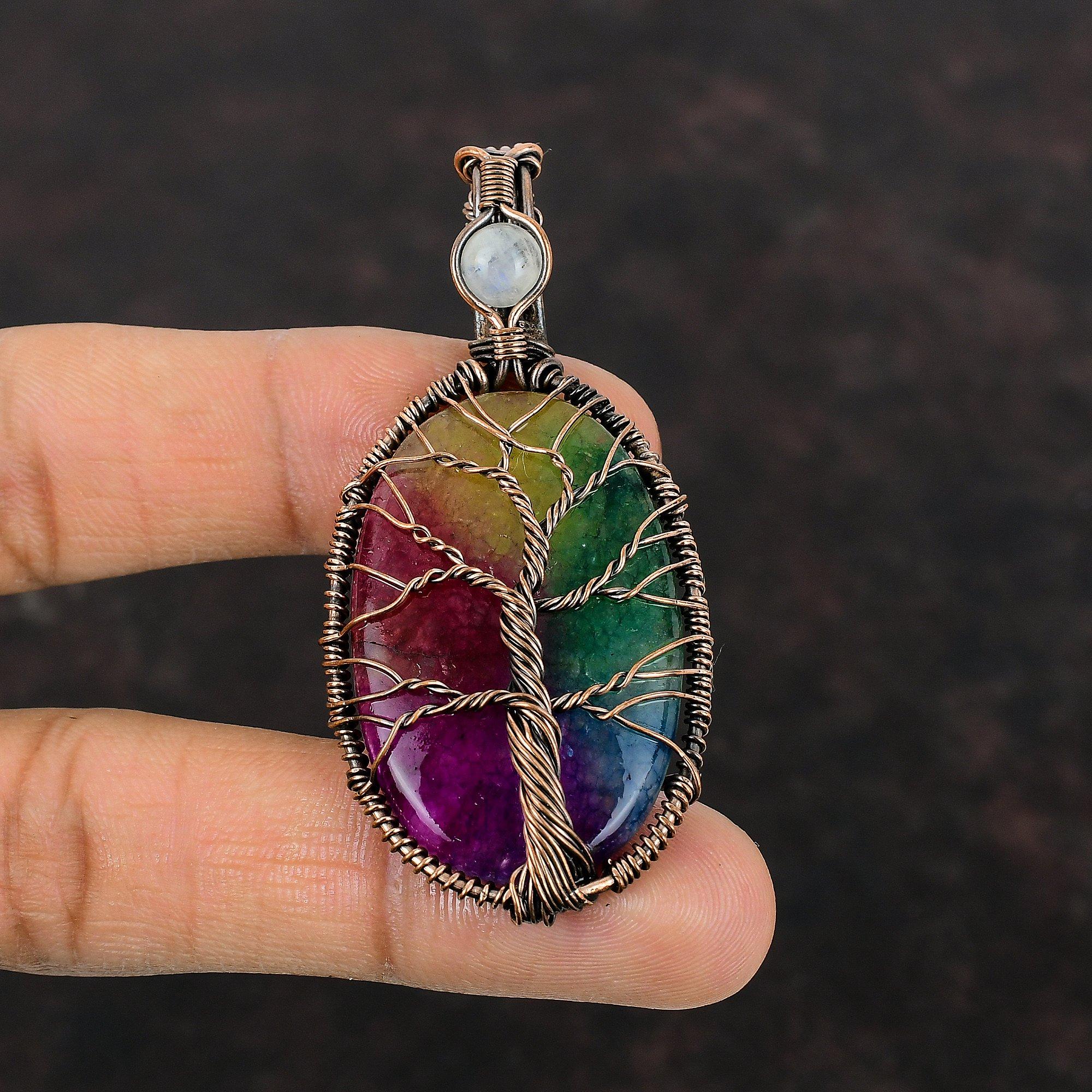 Tree Of Life Rainbow Solar Quartz Druzy Pendant Copper Wire Wrapped Pendant Moonstone Pendant Real Gemstone Pendant Handmade Copper Jewelry