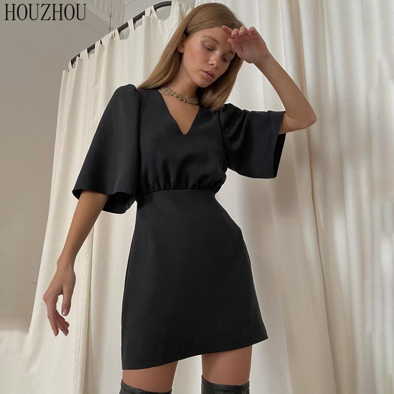 HOUZHOU Черное платье женское с v-образным вырезом и высокой талией корейское классическое базовое элегантное мини-платье трапециевидной формы с короткими рукавами и пышными рукавами