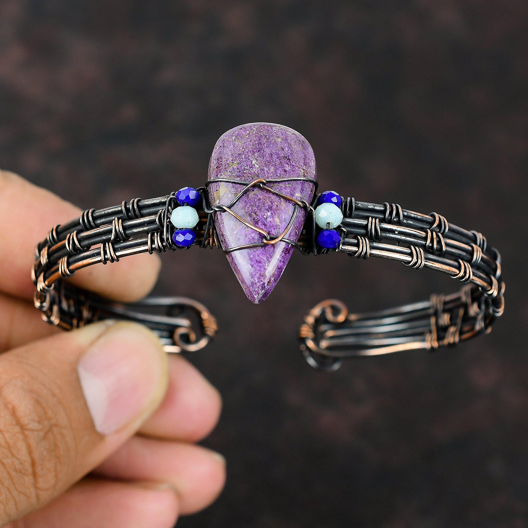 Браслет-манжета из пурпурита Синий халцедон и лазурит Бусы Браслет Медная проволока Обернутые каменные украшения Регулируемый браслет Браслет ручной работы