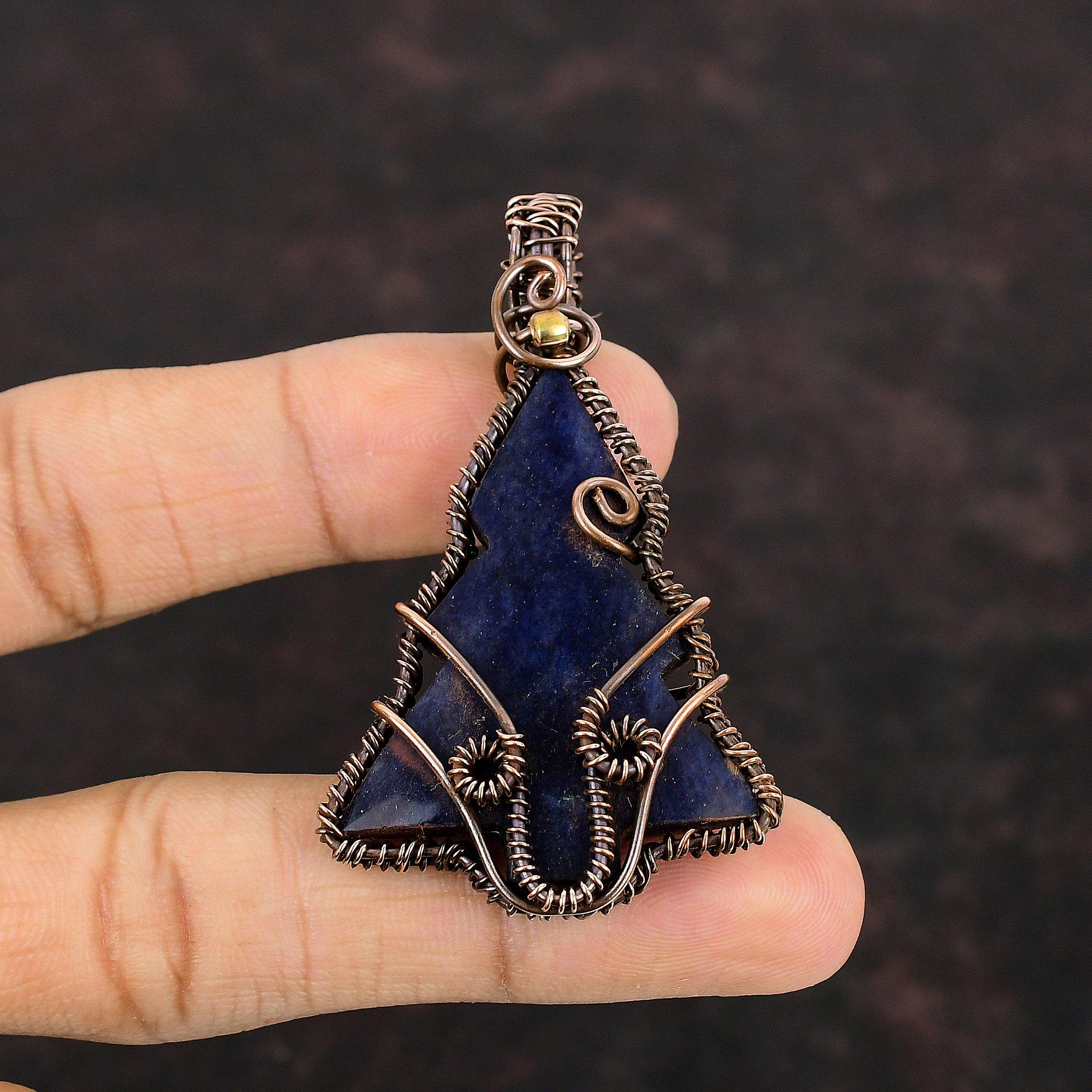 Подвеска из содалита, обернутая медной проволокой, ювелирное изделие ручной работы, изящная подвеска из драгоценного камня, подвеска в виде рождественской елки, ювелирное изделие из содалита, подарок для женщин