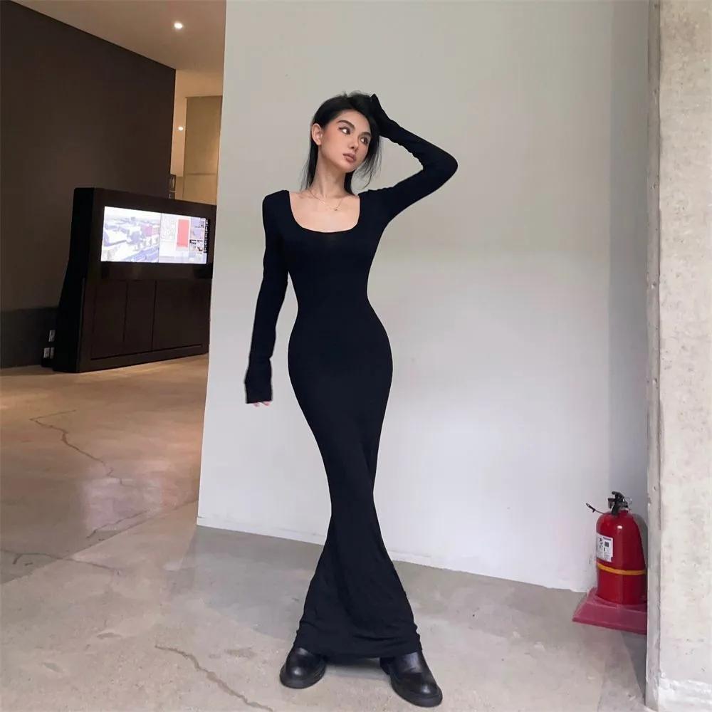 Y2K Sexy Black Dress Women Vintage Wrap Slim Bodycon Long Dresses Party Evening Square Collar Fashion Spring Outfits