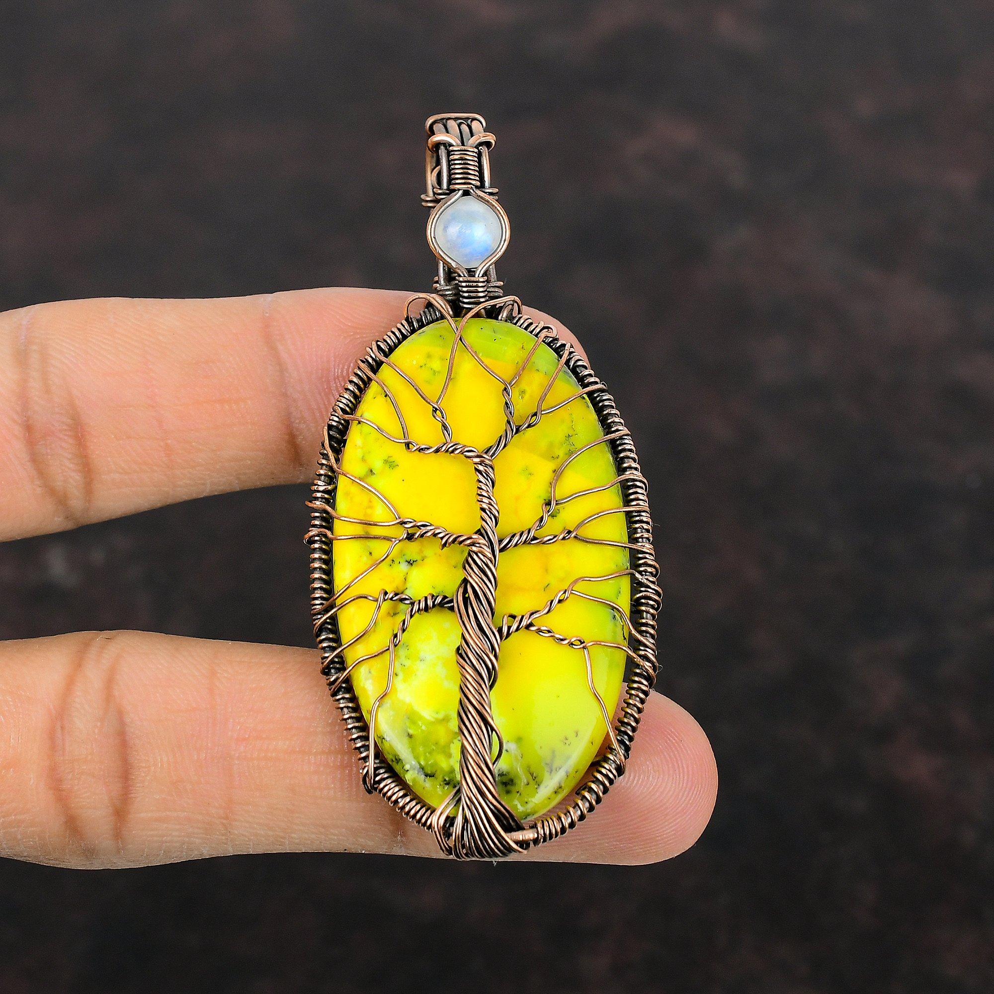 Tree Of Life Yellow Dendrite Opal Pendant Copper Wire Wrapped Pendant Rainbow Moonstone Pendant Gemstone Pendant Handmade Jewelry For Gift