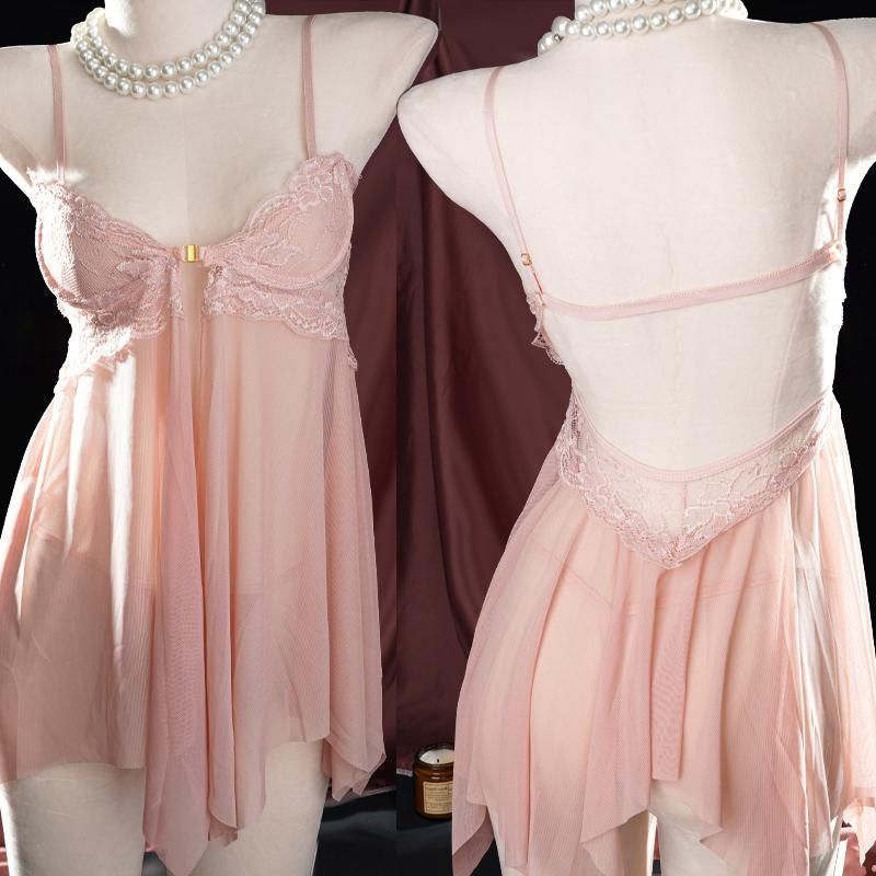 Front Buttoned Sexy Nightdress Panty Set with Steel Ring for Women Sexy Hollow Lace Pajamas Mesh See-through Suspender Nightdress