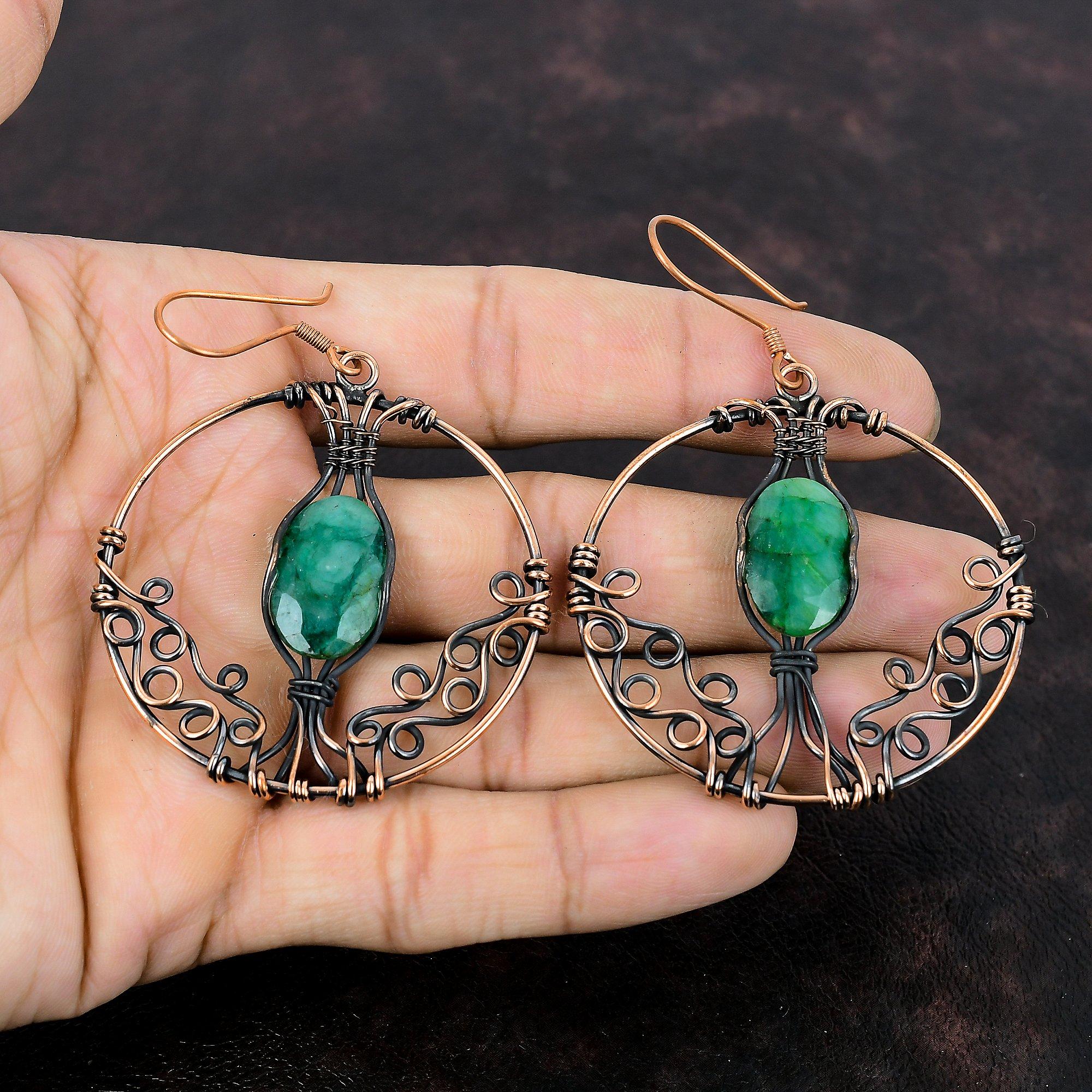 Граненые серьги с замбийским изумрудом, медная проволока, серьги, серьги с драгоценными камнями, уникальные медные украшения, ювелирные изделия ручной работы, свадебный подарок