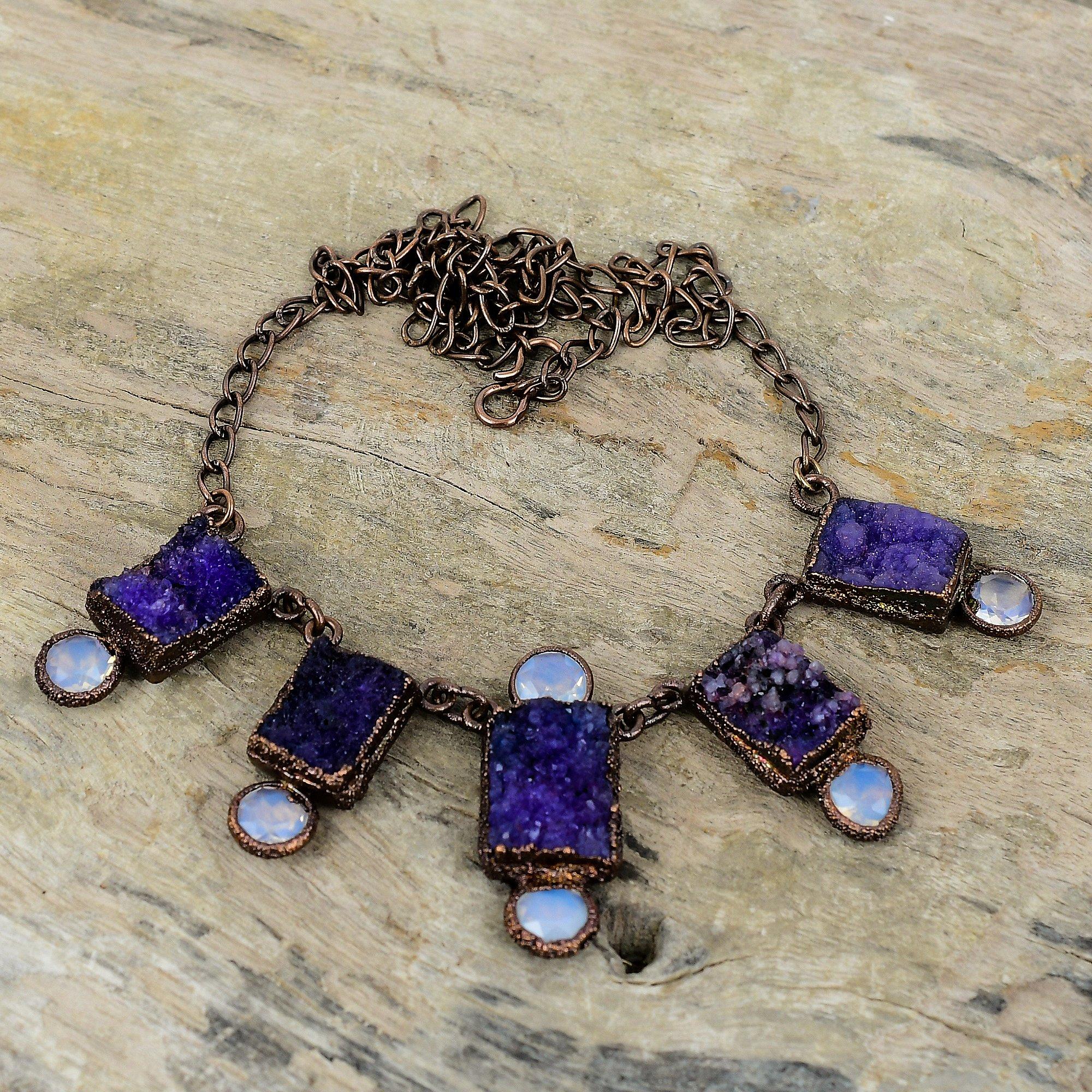 Purple Druzy Gemstone Necklace Electroformed Copper Necklace Adjustable Chain Necklace Handmade Electroformed Jewelry Milky Opal Necklace