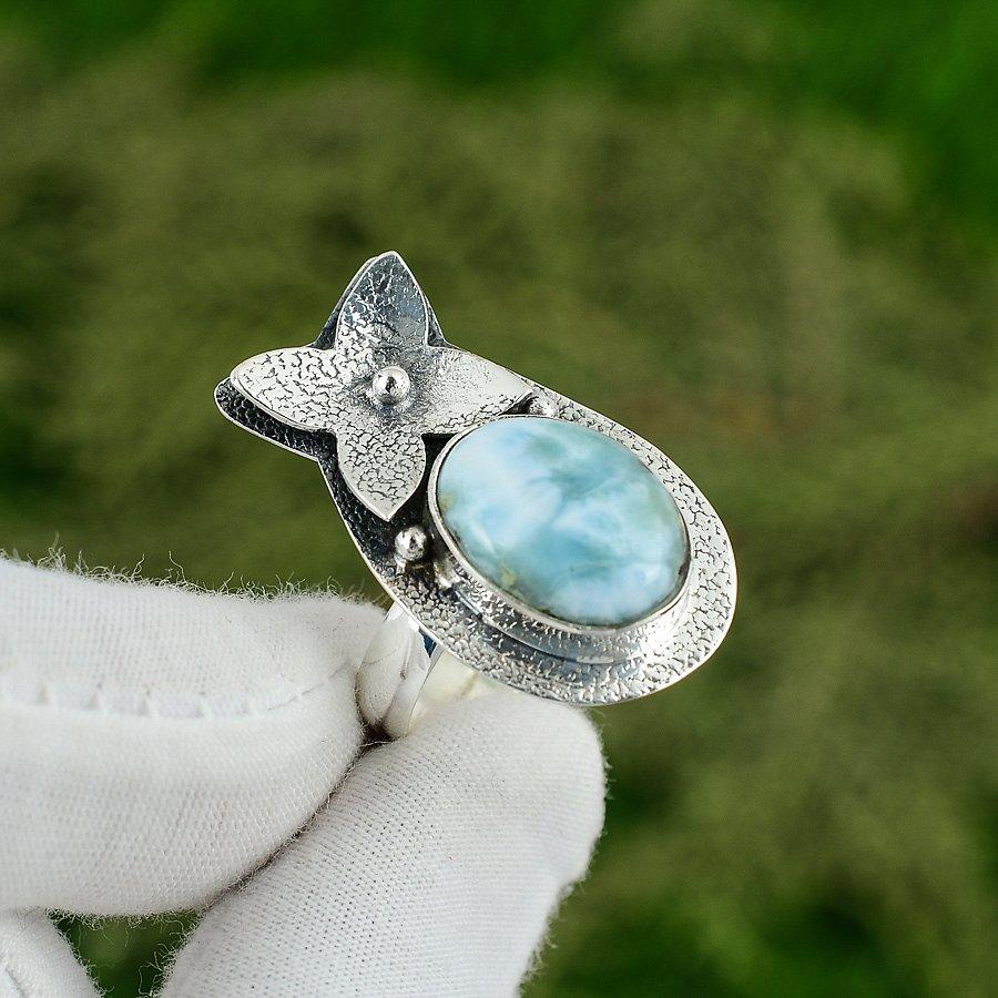 Natural Larimar Gemstone Promise Adjustable Ring 925 Sterling Silver For Women