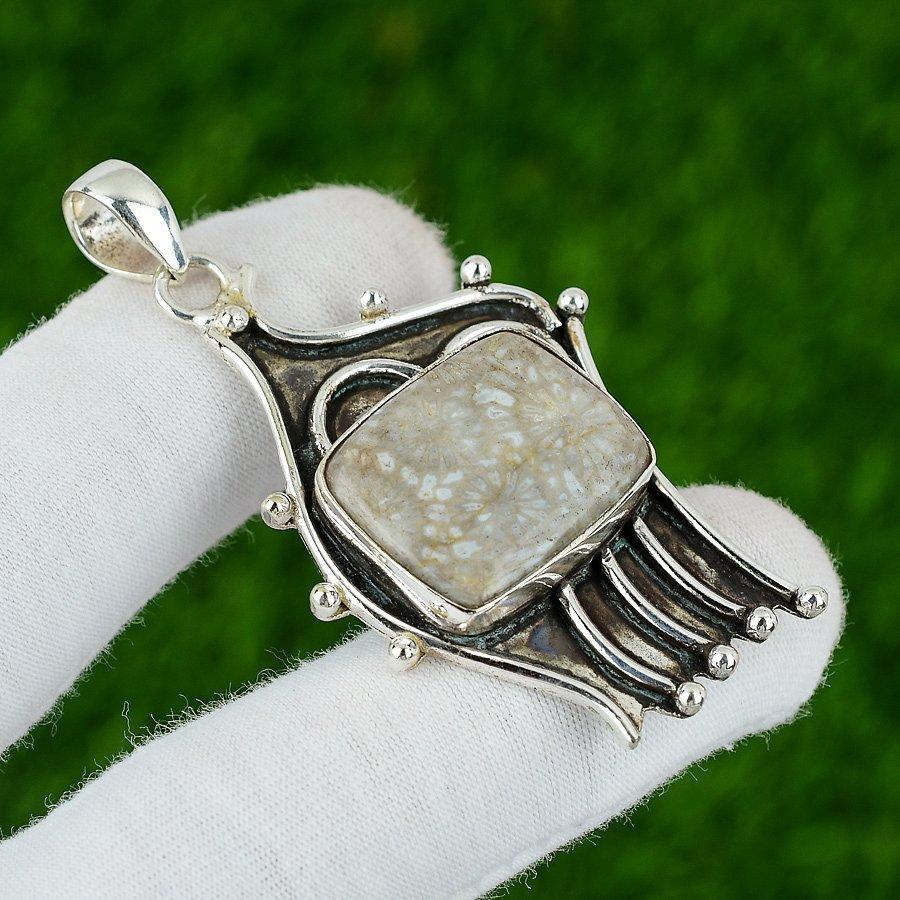Root Chakra Fossil Coral Stone Bezel Wedding Boho New Pendant Jewelry 925 Silver