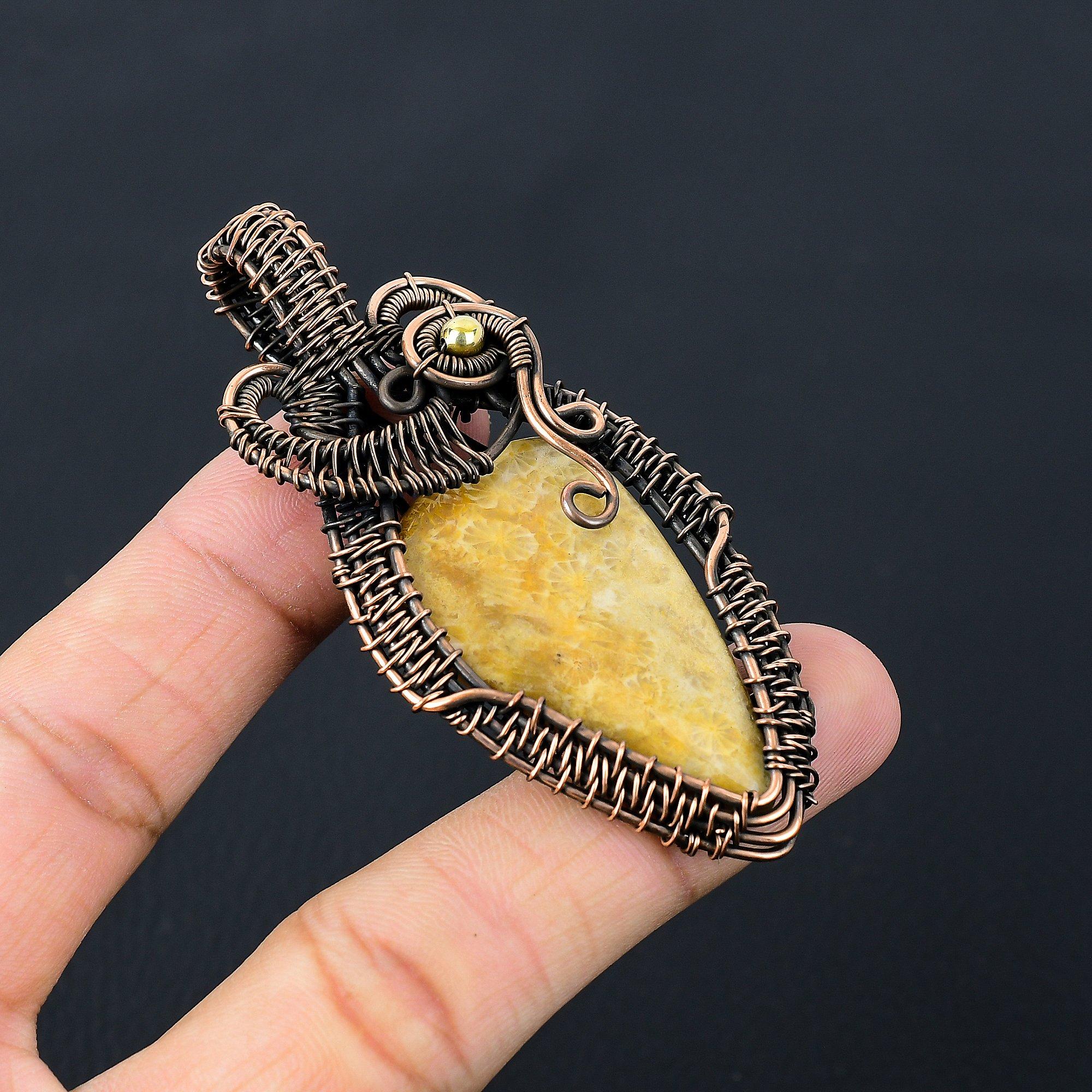 Fossil Coral Gemstone Pure Copper Wire Wrapped Handmade Pendant Jewelry For Gift