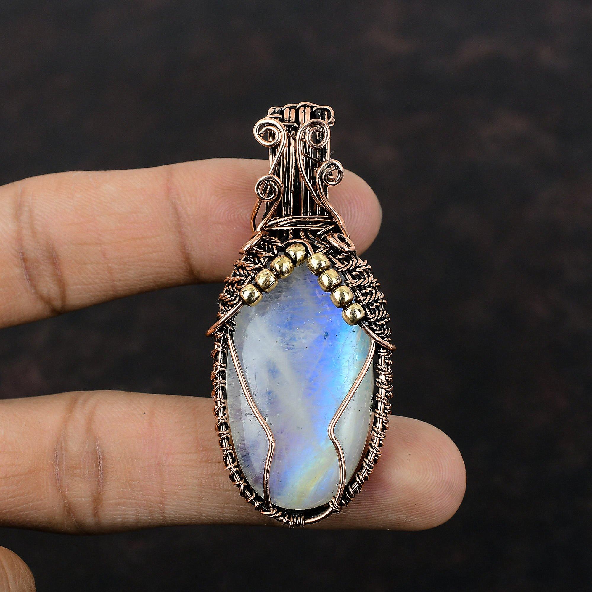 Подвеска Rainbow Moonstone, подвеска из медной проволоки с драгоценным камнем, подвеска ручной работы из лунного камня, медные украшения, подарок на помолвку, уникальные украшения из проволоки