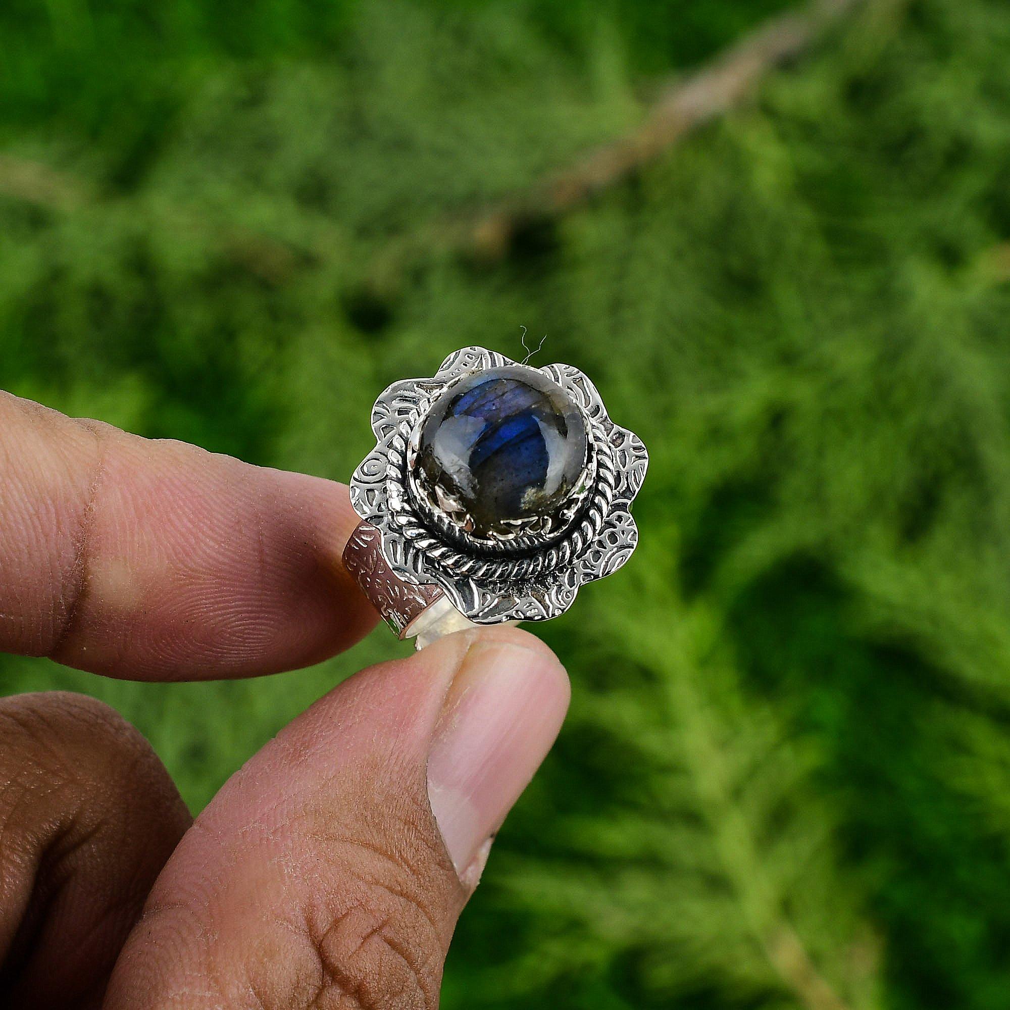 Gift For Her 925 Silver Natural Labradorite Gemstone Statement Adjustable Ring