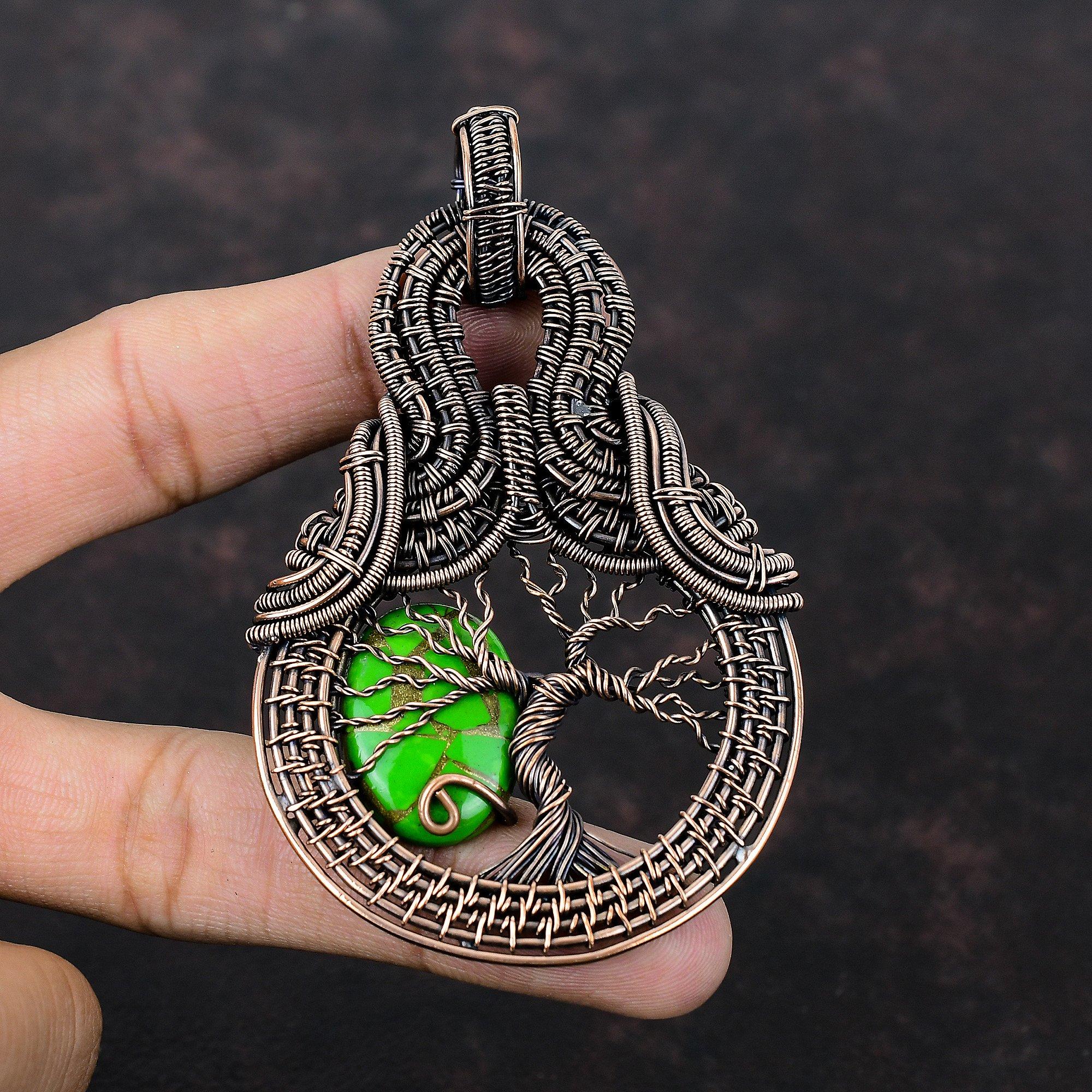 Дерево жизни Медный кулон с бирюзой и зеленой медной проволокой, подвеска с драгоценным камнем, плетеная вручную проволока, подарок для женщин, ювелирные изделия из меди